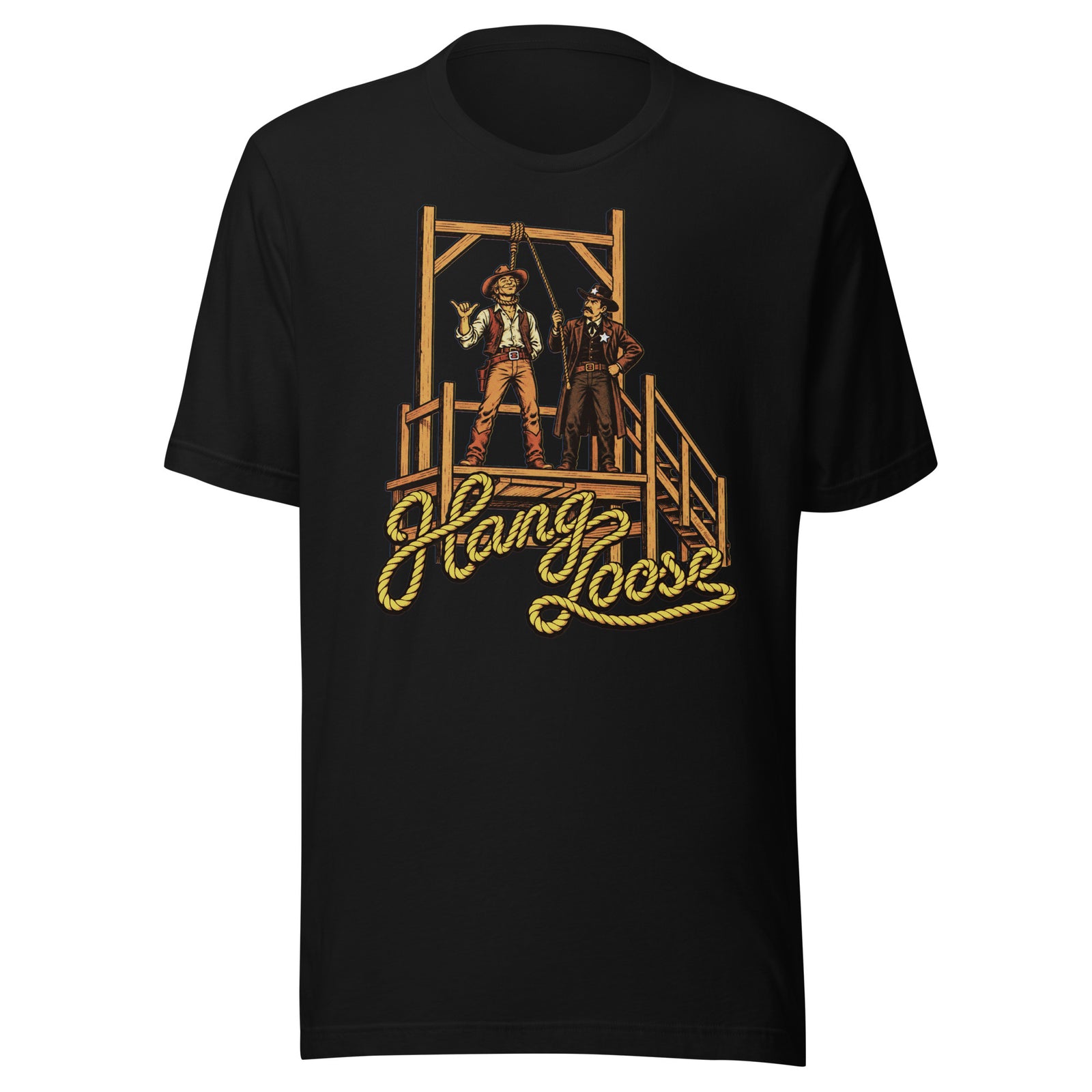Hang Loose T-Shirt in black, front view with retro cowboy shaka sign and sheriff at Old West gallows