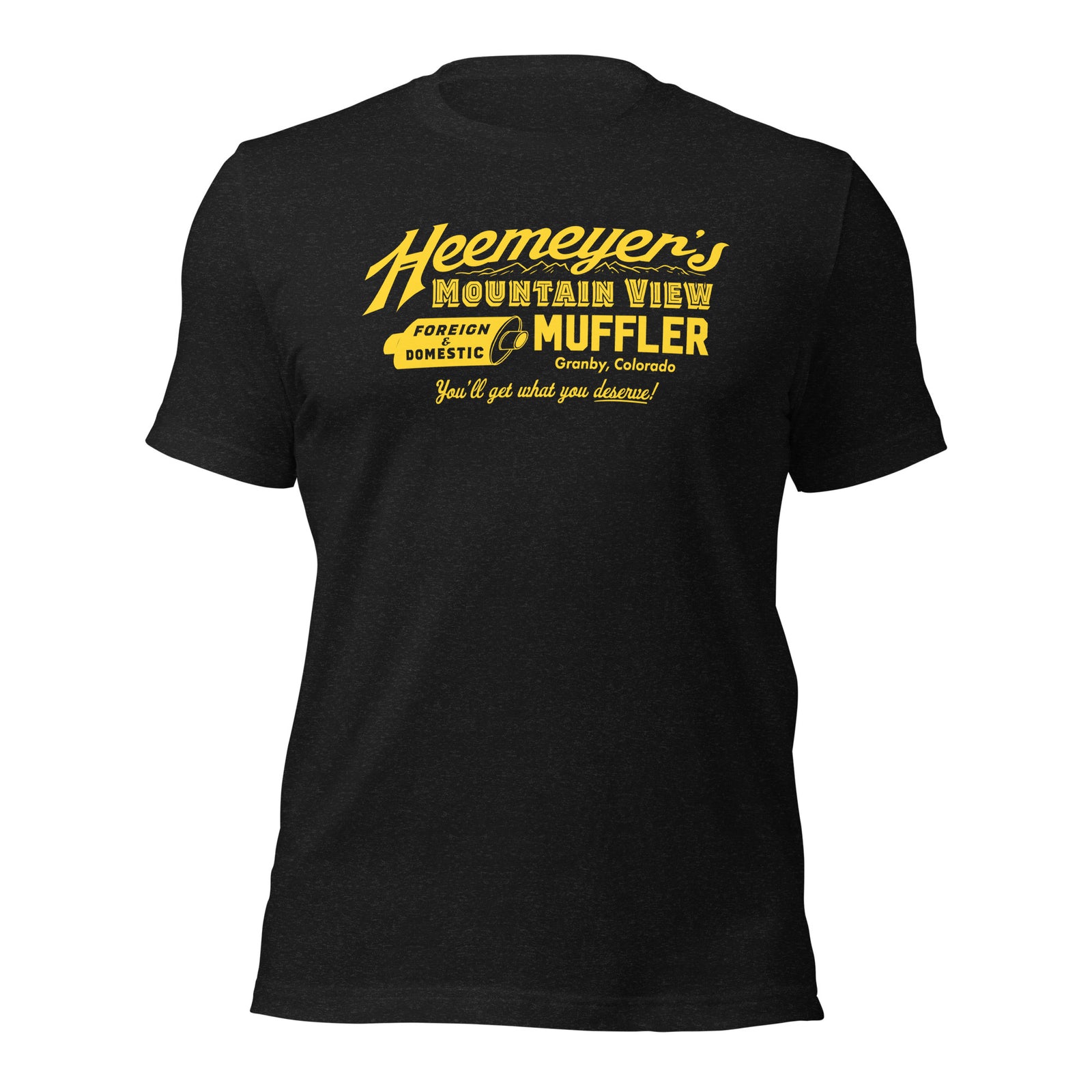 Black T-shirt with 'Heemeyer's Mountain View Muffler' text in yellow.