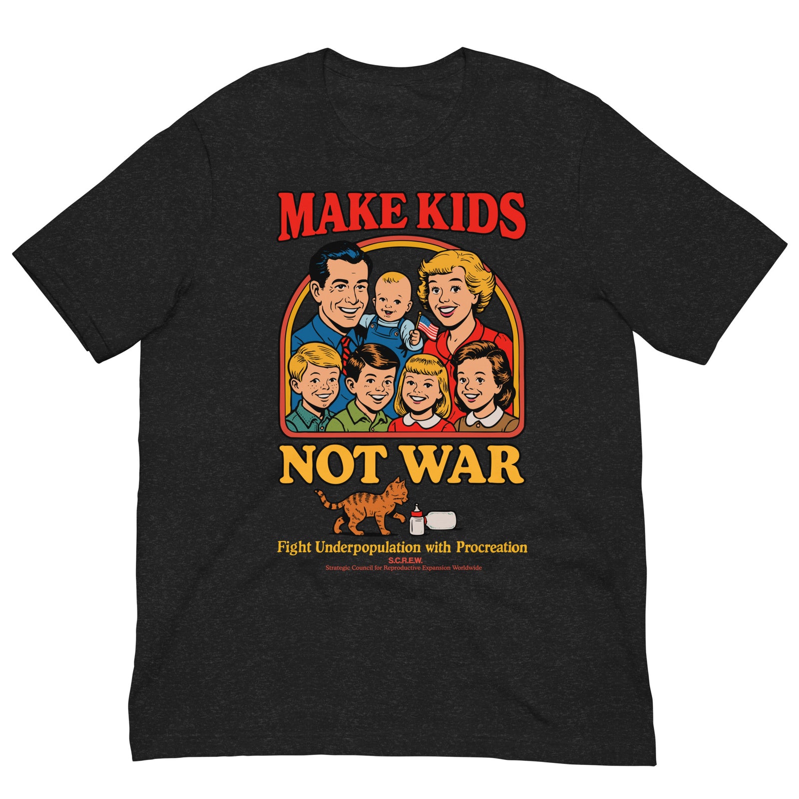 Make Kids Not War Liberty Maniacs shirt design close up. Features an American family in a family picture. Below under a cat and baby bottle is the text "Fight Underpopulation with Procreation"