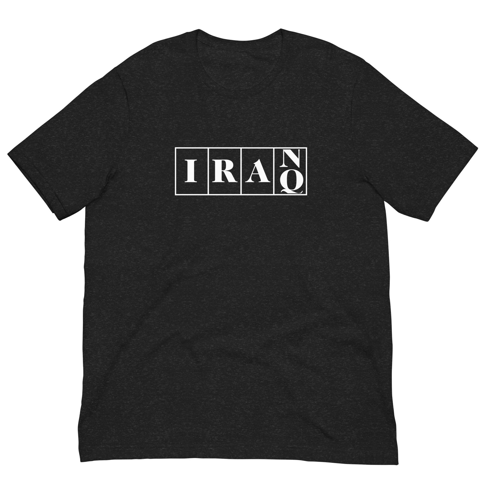 Man in black t-shirt with 'IRAQ' text at a gas station