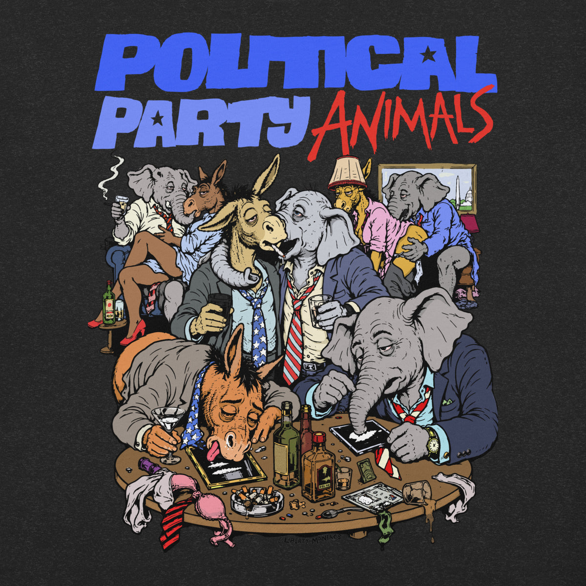 Political Party Animals t-shirt design by Liberty Maniacs featuring the donkey and elephants from the democrat and Republican parties, partying hardy. 