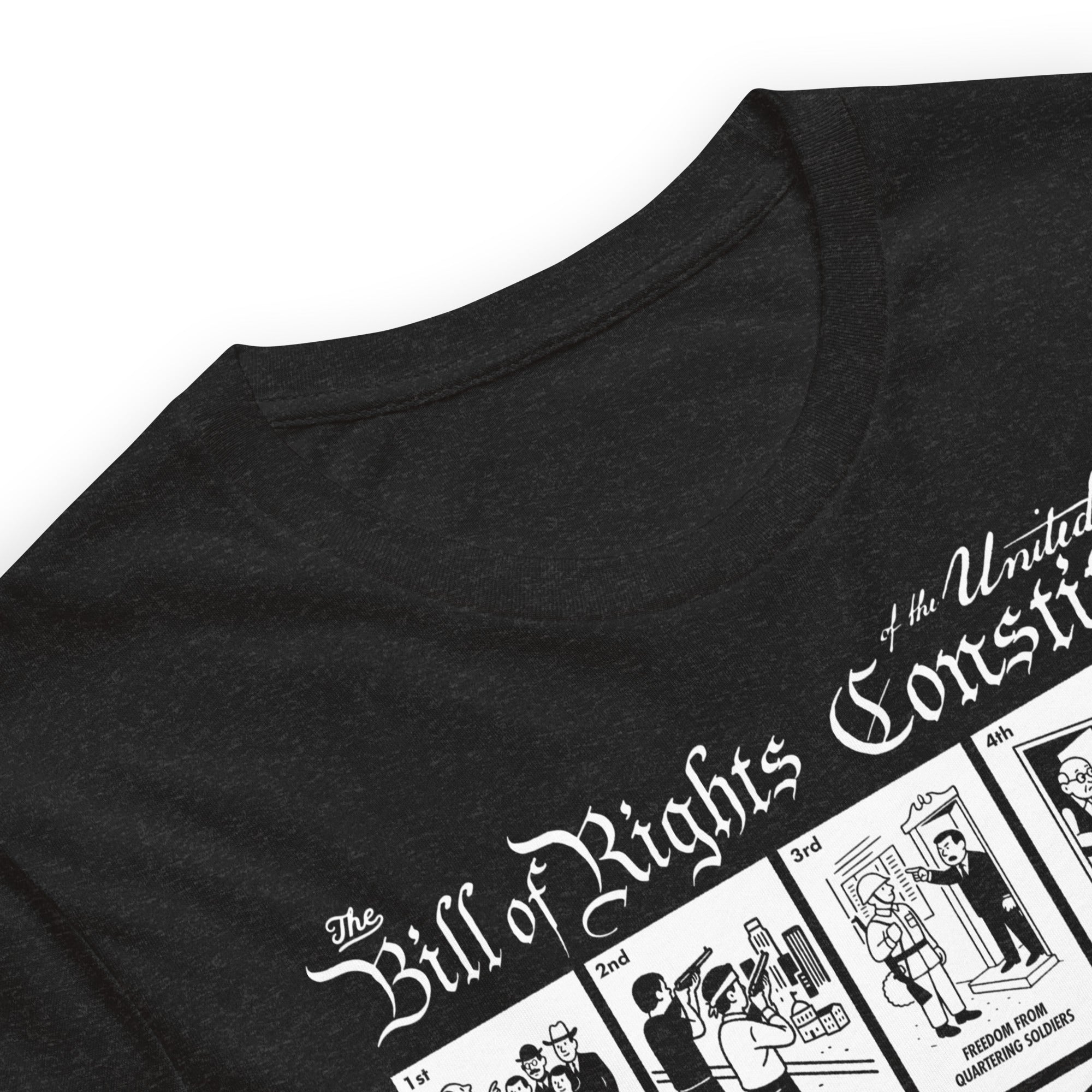Black heather The Illustrated Bill of Rights Graphic Tee by Liberty Maniacs laying flat as a close up