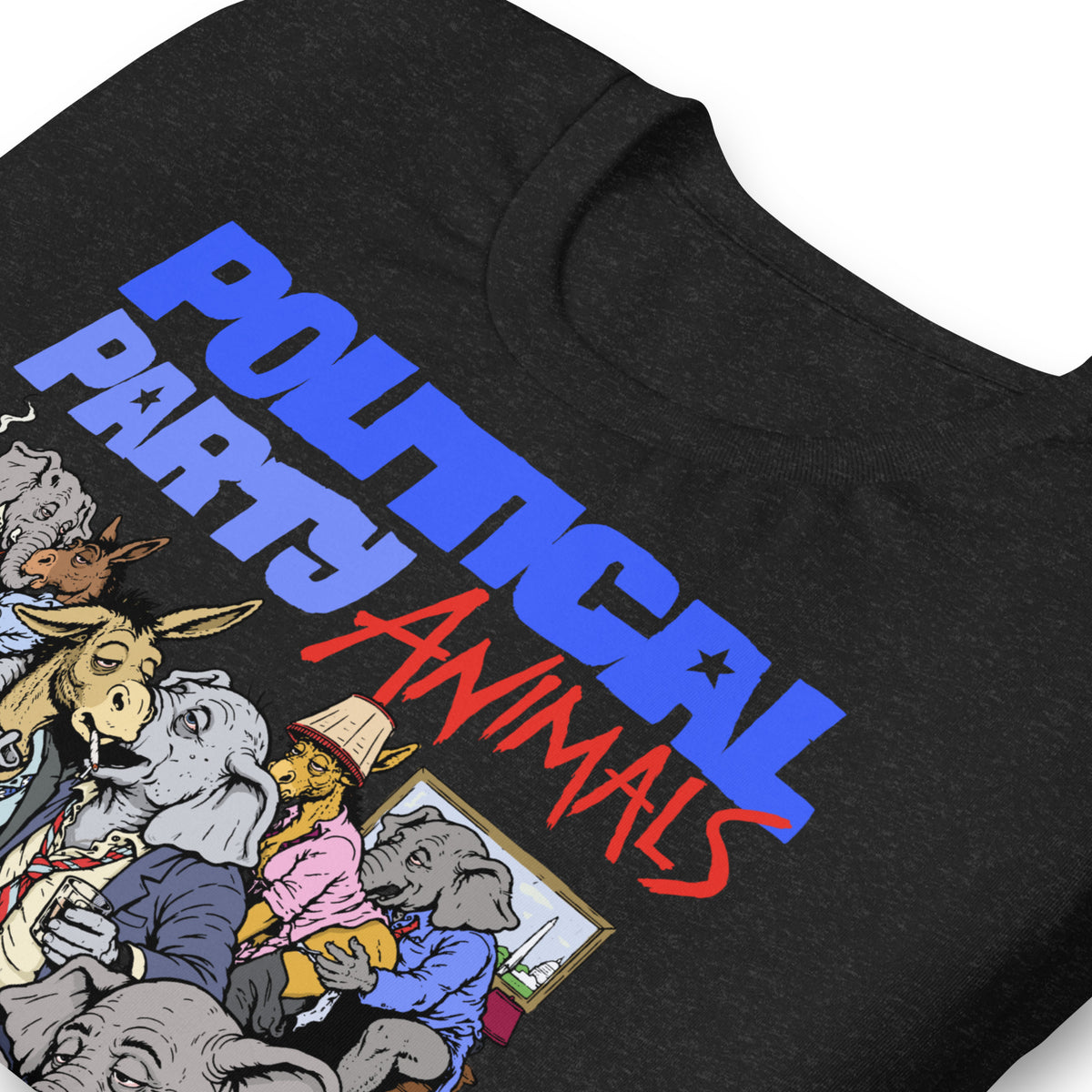 A close-up of a black heather graphic t-shirt featuring the text 'POLITICAL PARTY ANIMALS' in blue and red, with a cartoon illustration of donkeys, pigs, and other animals below.