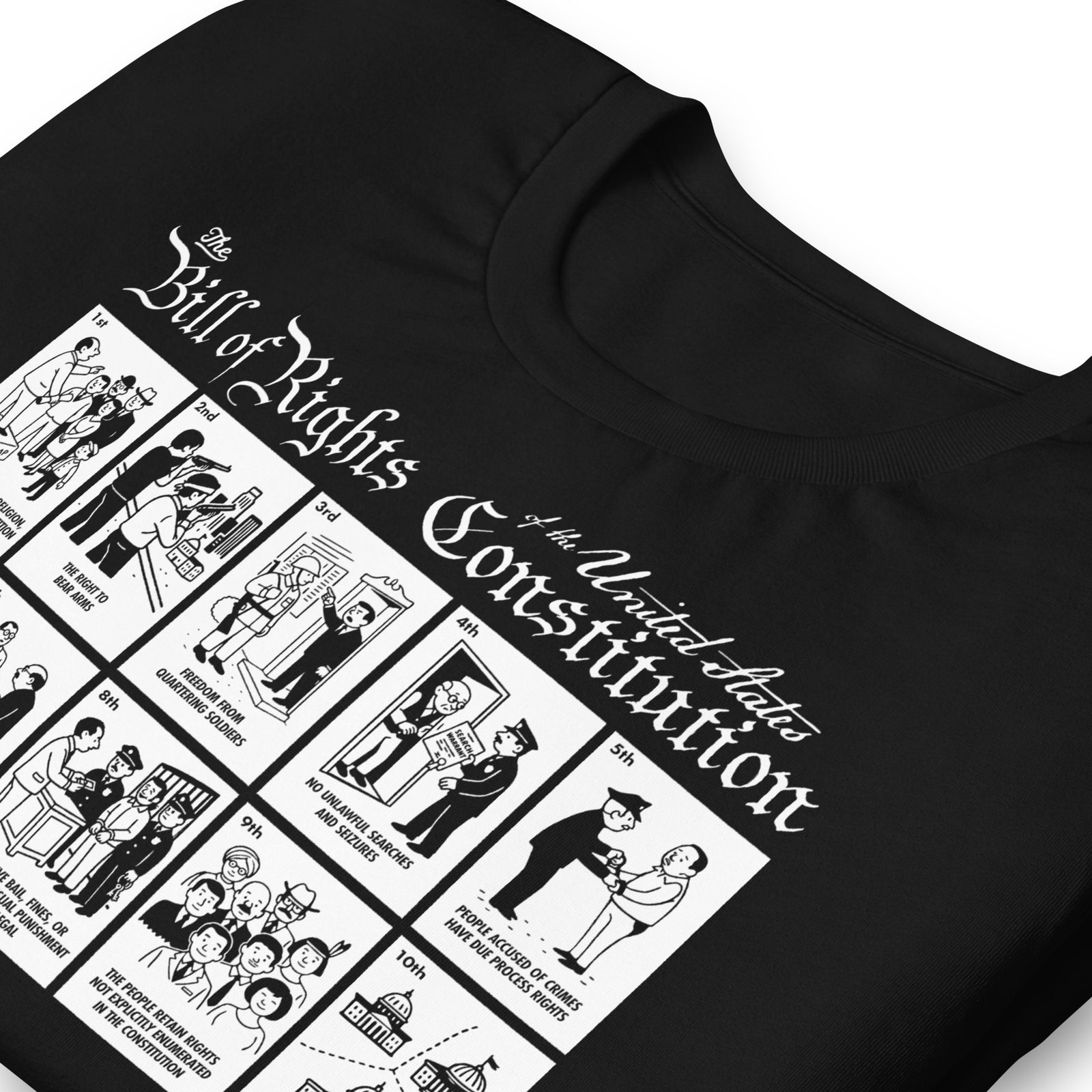 Black The Illustrated Bill of Rights Graphic Tee by Liberty Maniacs laying flat zoomed in