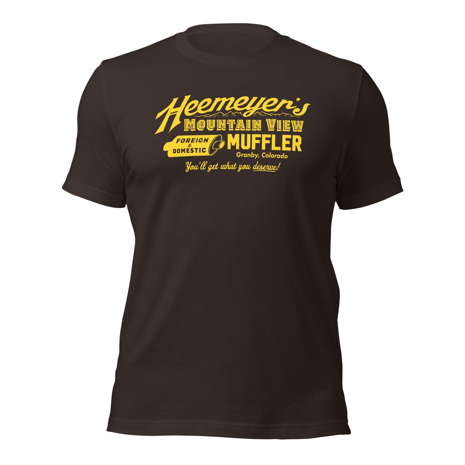 Black T-shirt with 'Heemeyer's Mountain View Muffler' text in yellow.