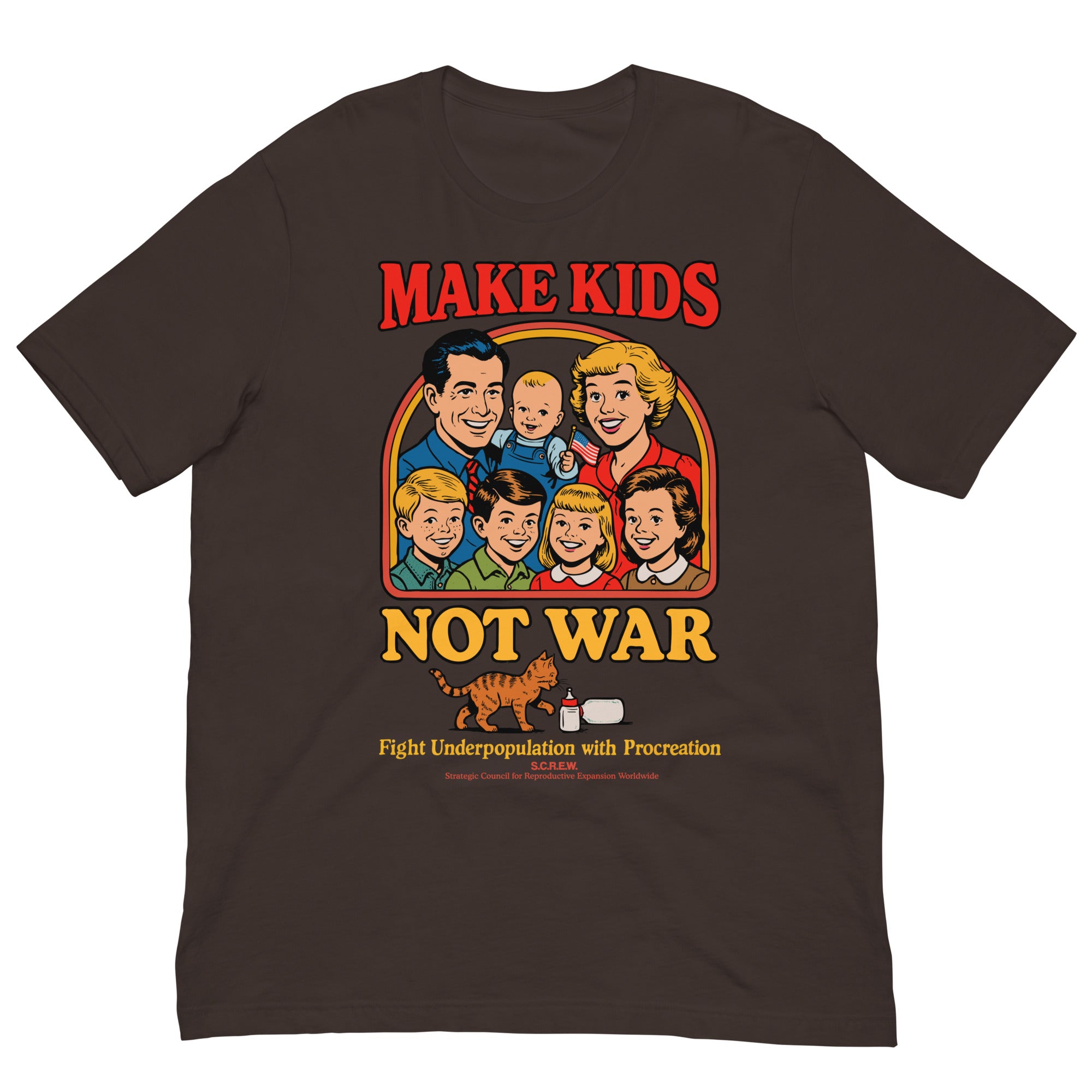 Make Kids Not War Liberty Maniacs shirt design close up. Features an American family in a family picture. Below under a cat and baby bottle is the text "Fight Underpopulation with Procreation"