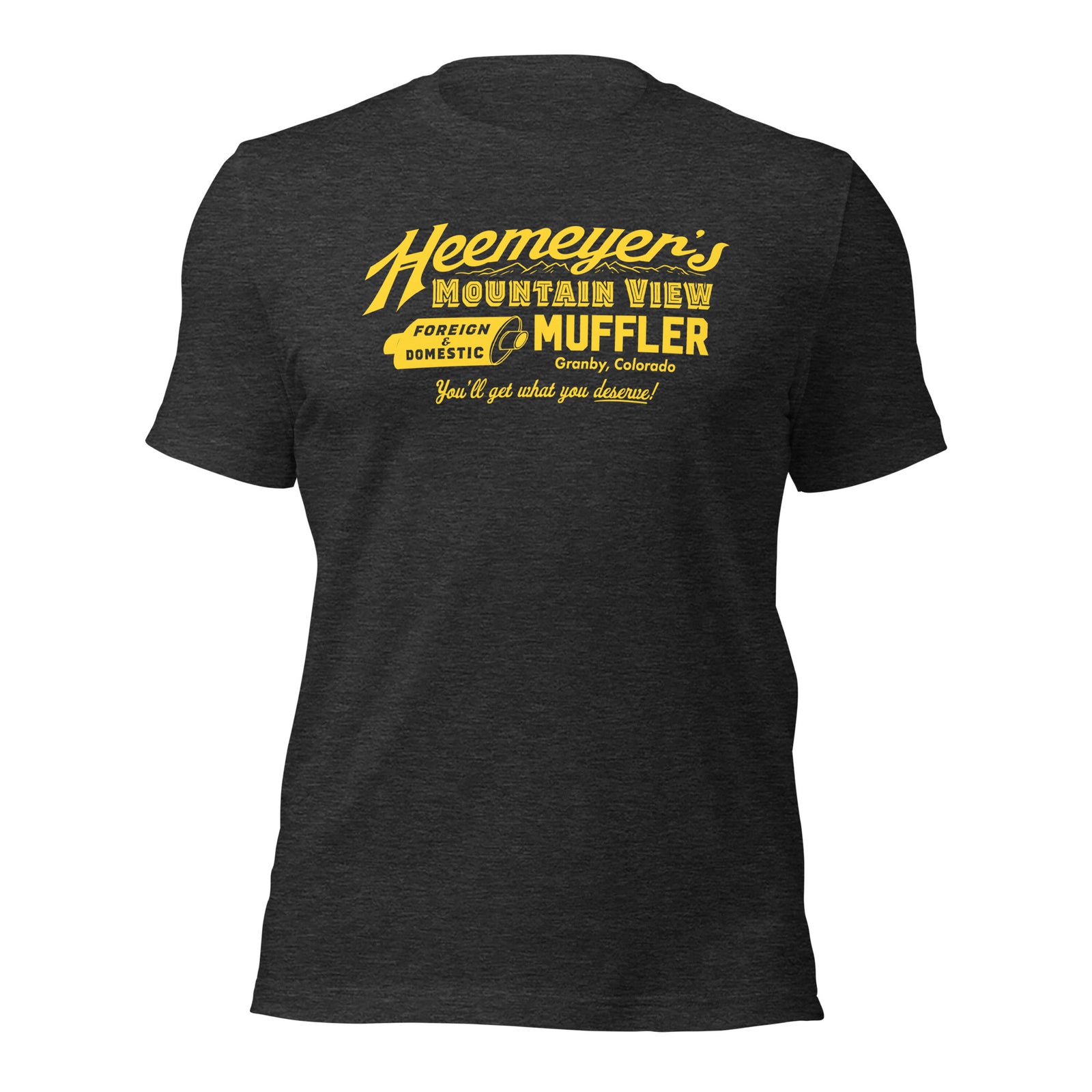 Heather dark grey T-shirt with 'Heemeyer's Mountain View Muffler' text in yellow.