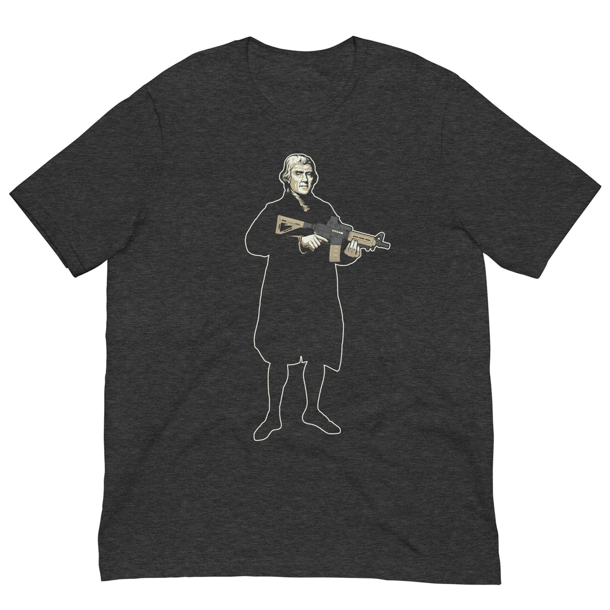 Thomas Jefferson With a Carbine T-Shirt lying flat in heather black. Features President Thomas Jefferson with an AR-15 carbine rifle drawn by Dan McCall of Liberty Maniacs 