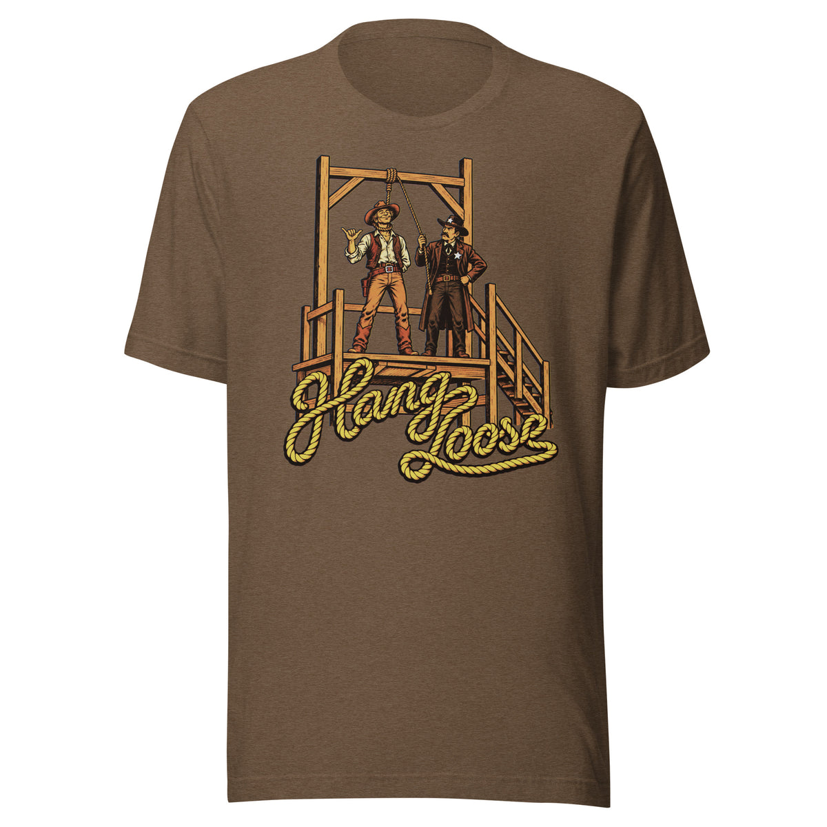 Hang Loose T-Shirt in heather brown, front view with retro cowboy shaka sign and sheriff at Old West gallows