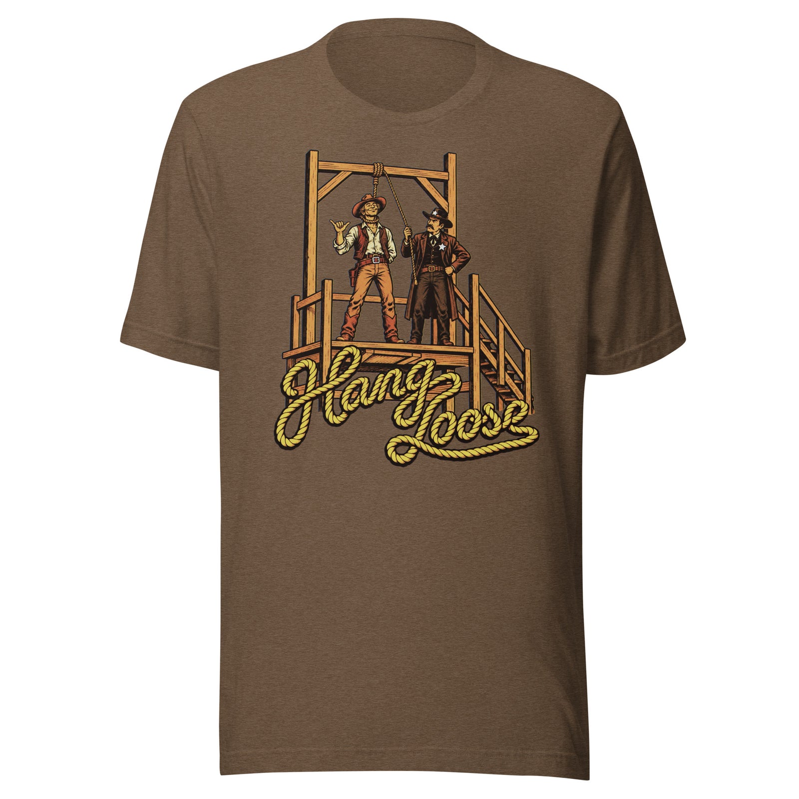 Hang Loose T-Shirt in heather brown, front view with retro cowboy shaka sign and sheriff at Old West gallows