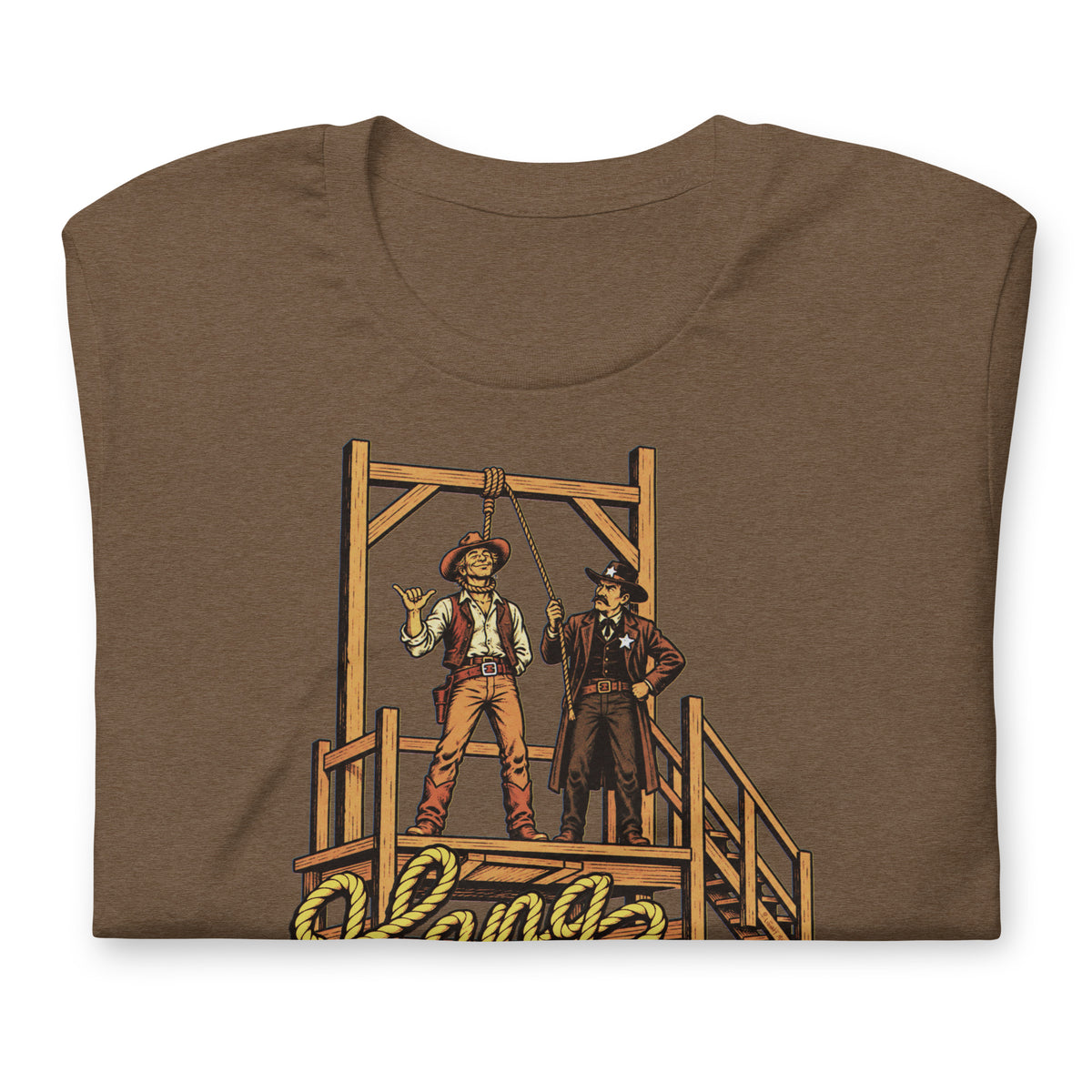 Hang Loose T-Shirt in heather brown, front view with retro cowboy shaka sign and sheriff at Old West gallows