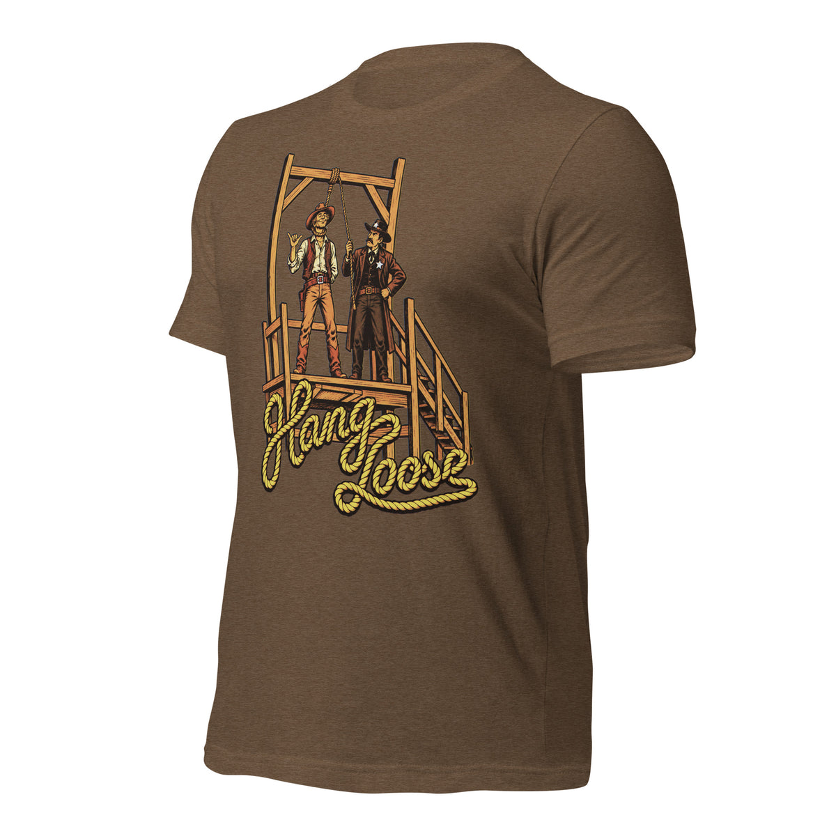Hang Loose T-Shirt in heather brown, angled front view with retro cowboy shaka sign and sheriff at Old West gallows