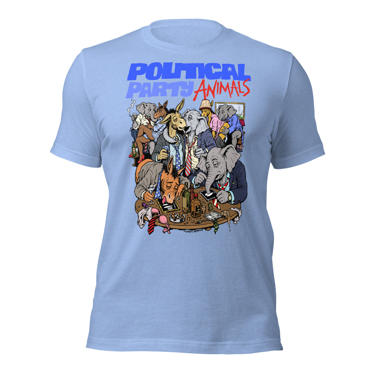 A light blue short-sleeve t-shirt with a graphic print on the front. The graphic features the text 'POLITICAL PARTIES ANIMALS' in blue and red, above a detailed cartoon illustration of various animals dressed in suits.