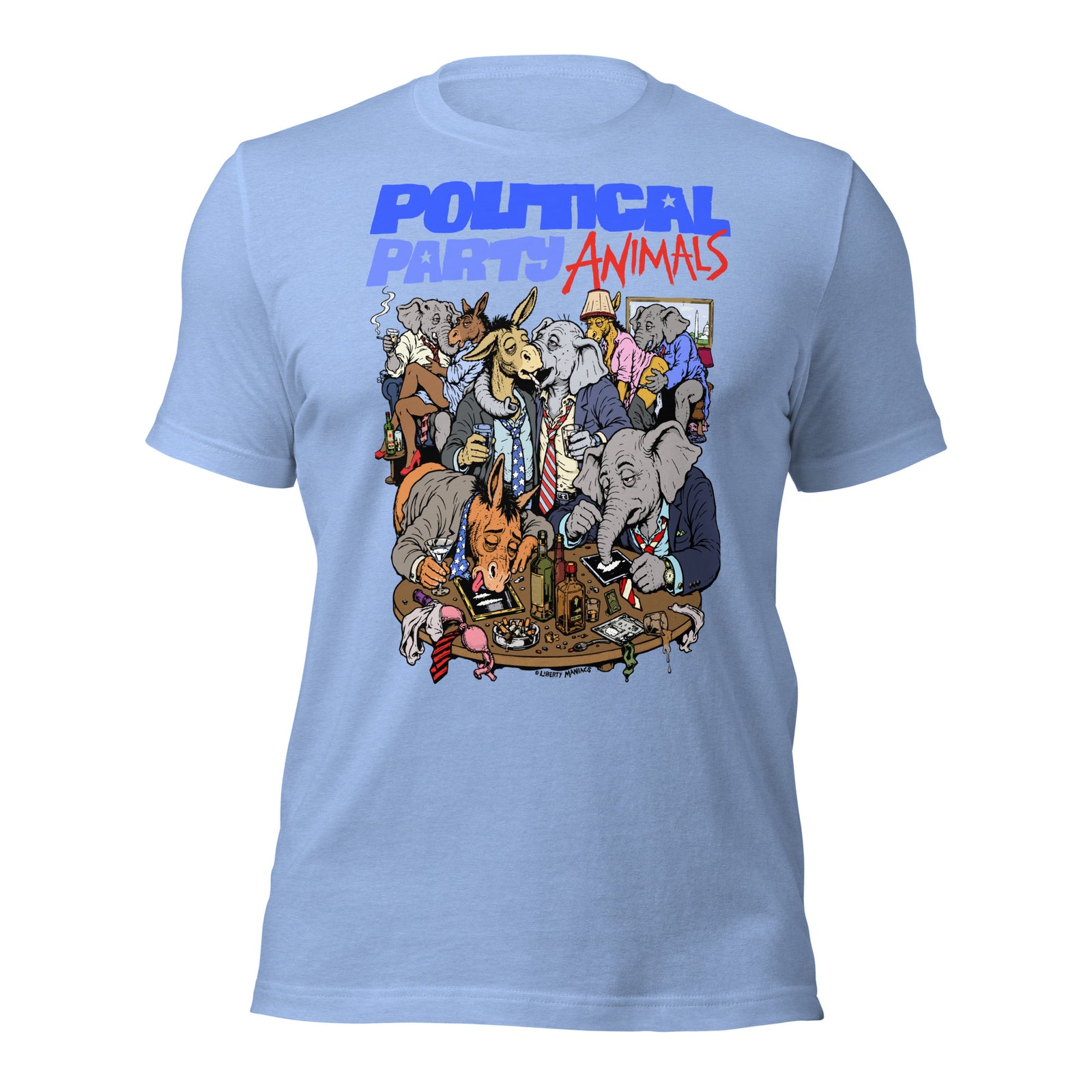 A light blue short-sleeve t-shirt with a graphic print on the front. The graphic features the text 'POLITICAL PARTIES ANIMALS' in blue and red, above a detailed cartoon illustration of various animals dressed in suits.
