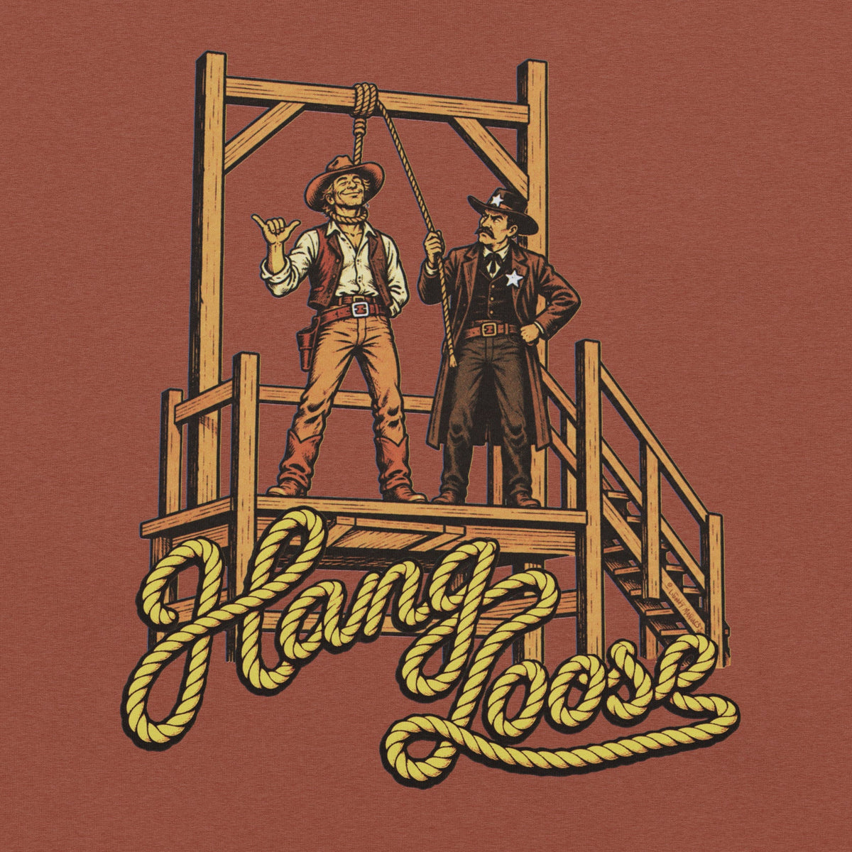 Hang Loose T-Shirt in heather clay, front view with retro cowboy shaka sign and sheriff at Old West gallows
