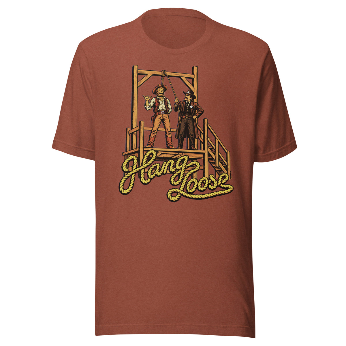Hang Loose T-Shirt in heather clay, front detail view with retro cowboy shaka sign and sheriff at Old West gallows