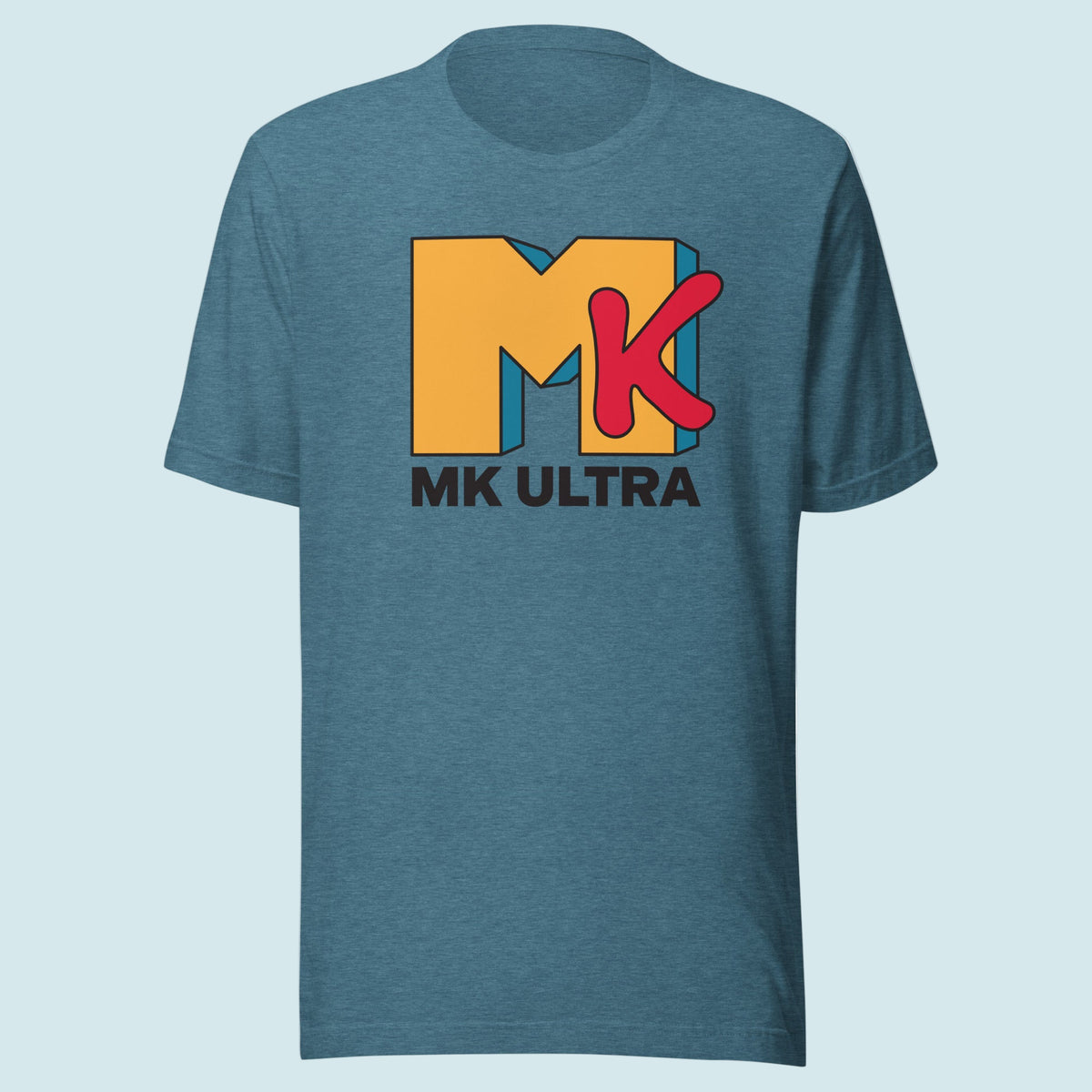 Blue t-shirt with MK Ultra logo on a white background
