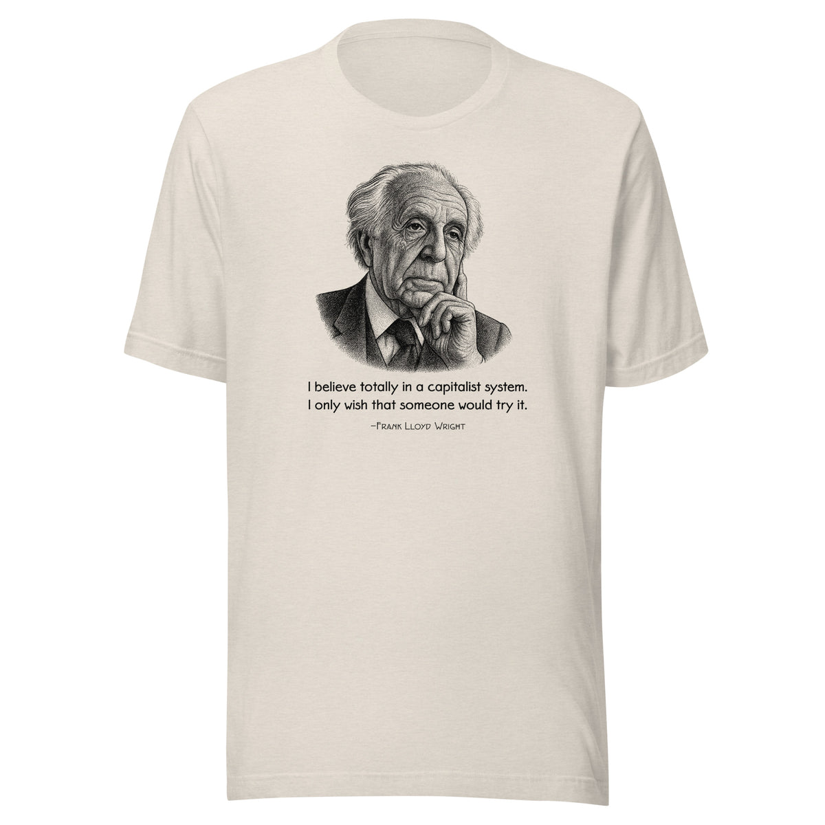 T-shirt with a pointillist illustrated portrait of Frank Lloyd Wright with a quote about capitalism on a white background