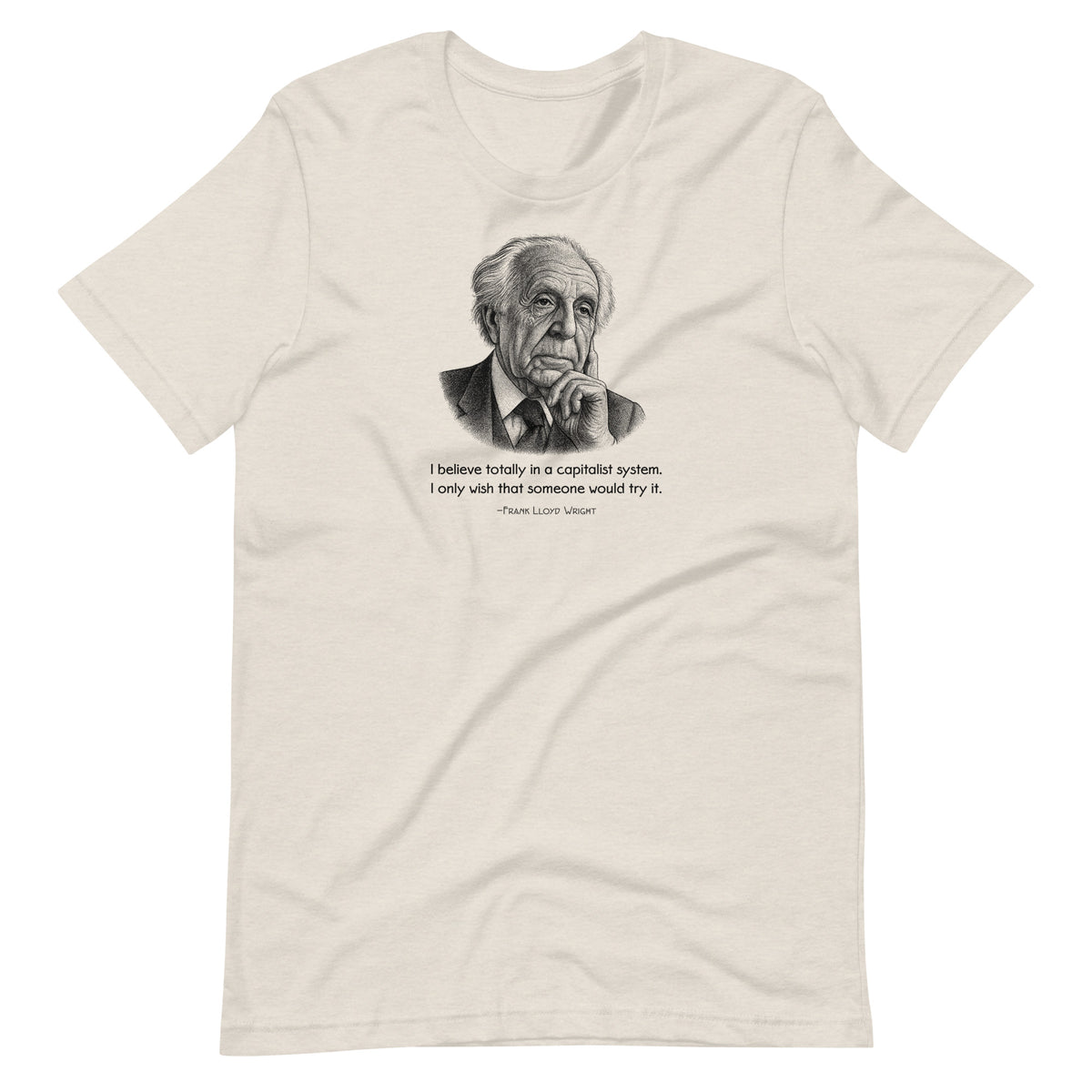 T-shirt with a pointillist illustrated portrait of Frank Lloyd Wright with a quote about capitalism on a white background
