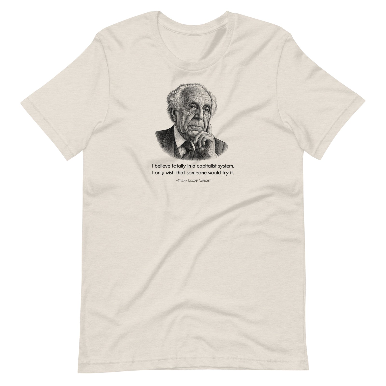 T-shirt with a pointillist illustrated portrait of Frank Lloyd Wright with a quote about capitalism on a white background