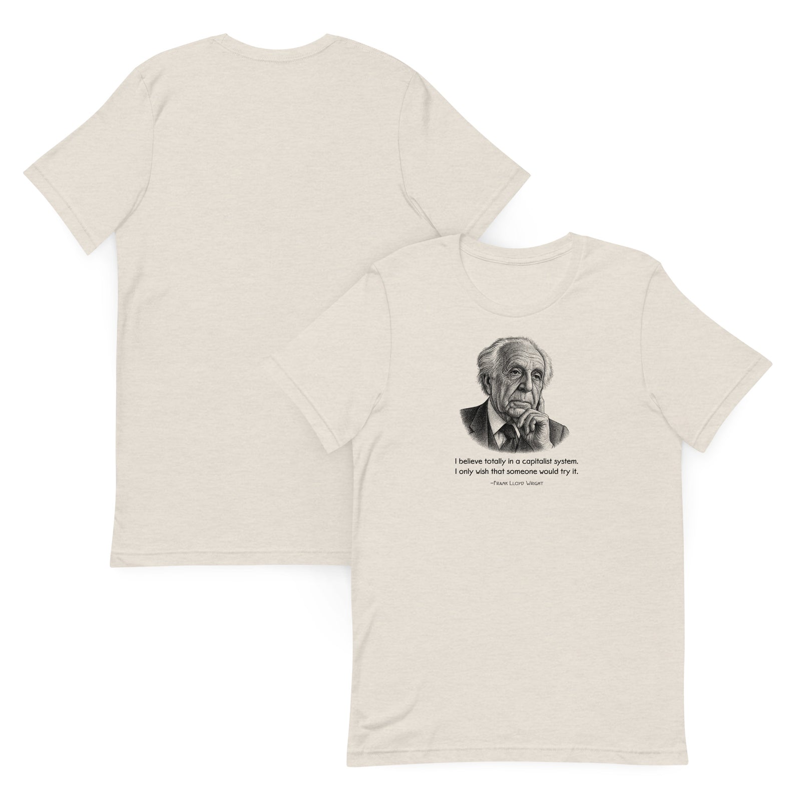 T-shirt with a pointillist illustrated portrait of Frank Lloyd Wright with a quote about capitalism on a white background