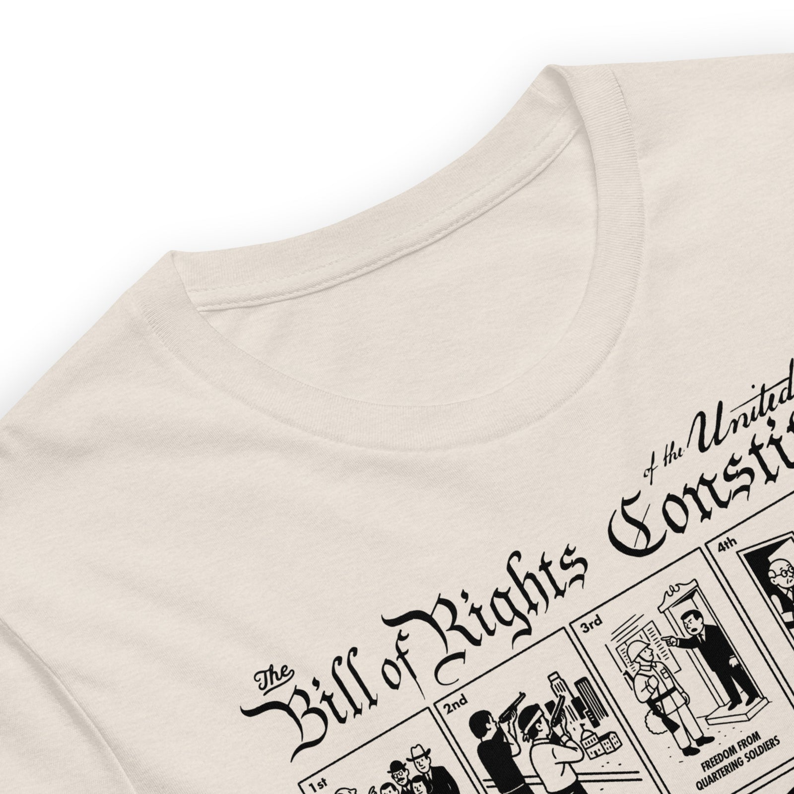 The Illustrated Bill of Rights Graphic Tee by Liberty Maniacs laying flat as a close up.