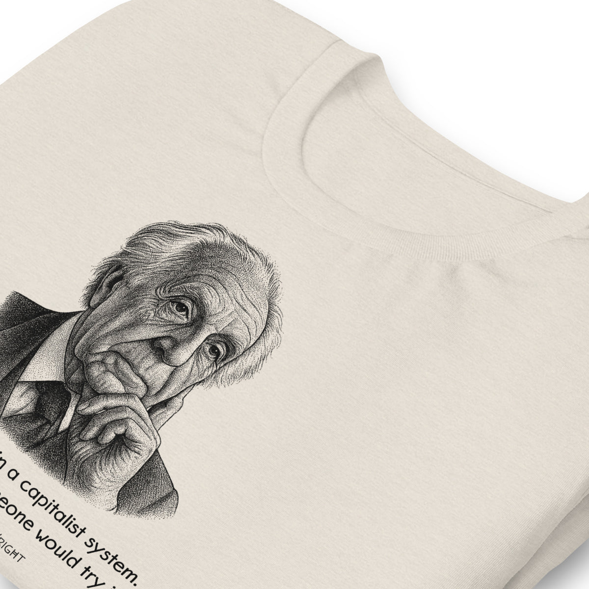 T-shirt with a pointillist illustrated portrait of Frank Lloyd Wright with a quote about capitalism on a white background