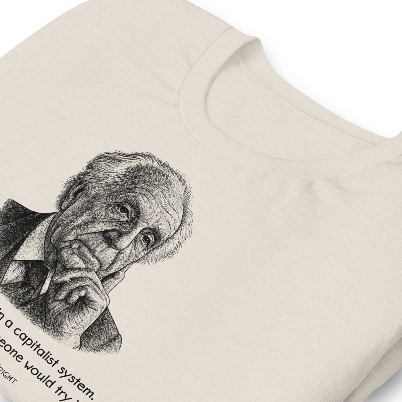 T-shirt with a pointillist illustrated portrait of Frank Lloyd Wright with a quote about capitalism on a white background