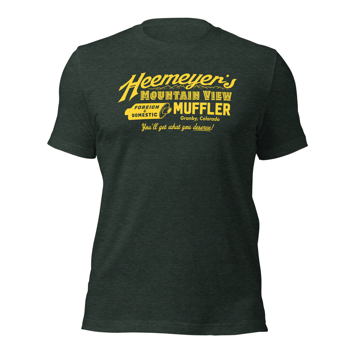 Heather forest green T-shirt with &#39;Heemeyer&#39;s Mountain View Muffler&#39; text in yellow.