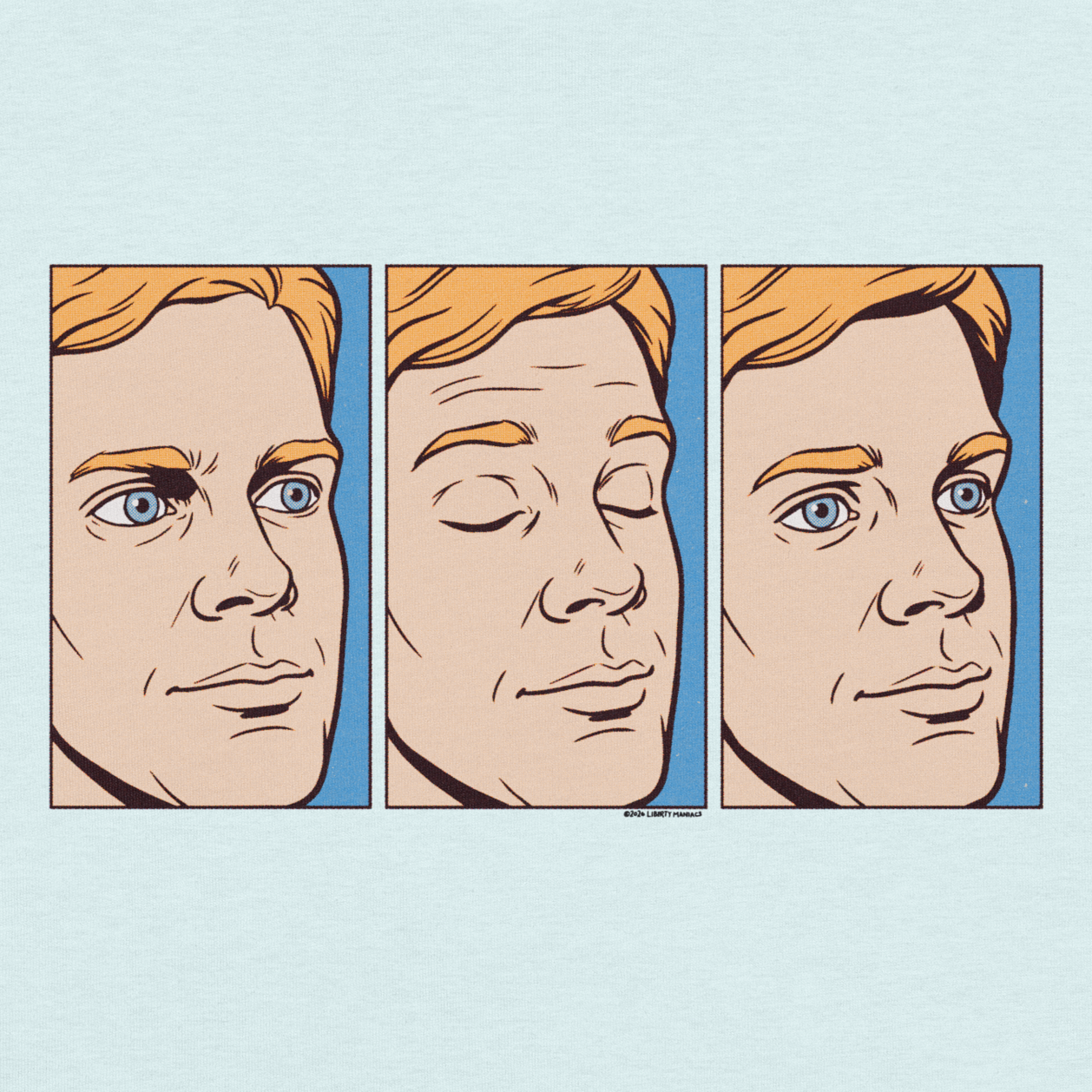 Blinking White Guy three-panel comic reaction meme artwork on light blue background