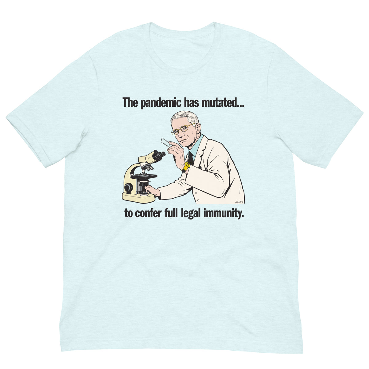 Pandemic Has Mutated legal immunity graphic T-shirt in heather ice blue, front view