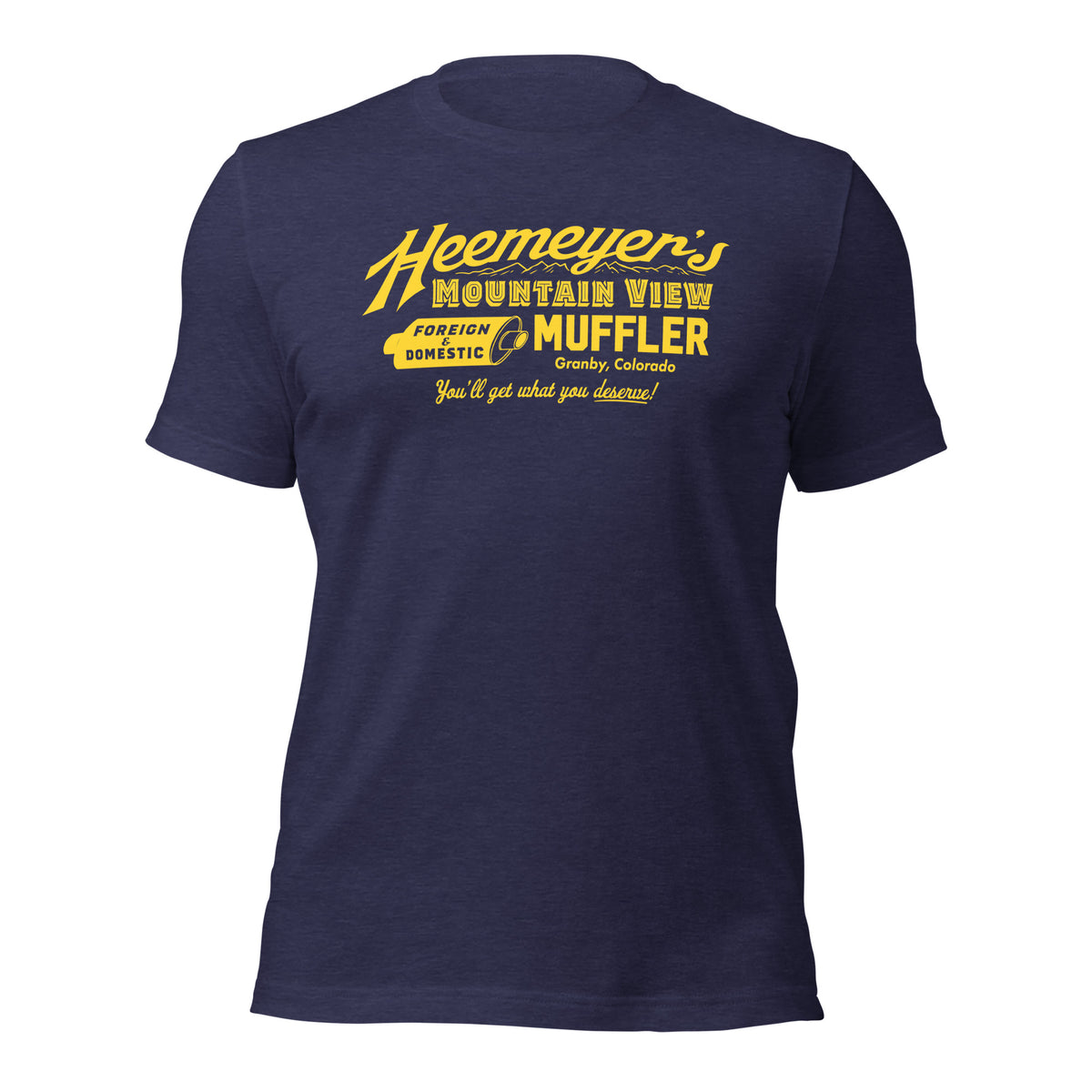 Blue T-shirt with &#39;Heemeyer&#39;s Mountain View Muffler&#39; text in yellow.
