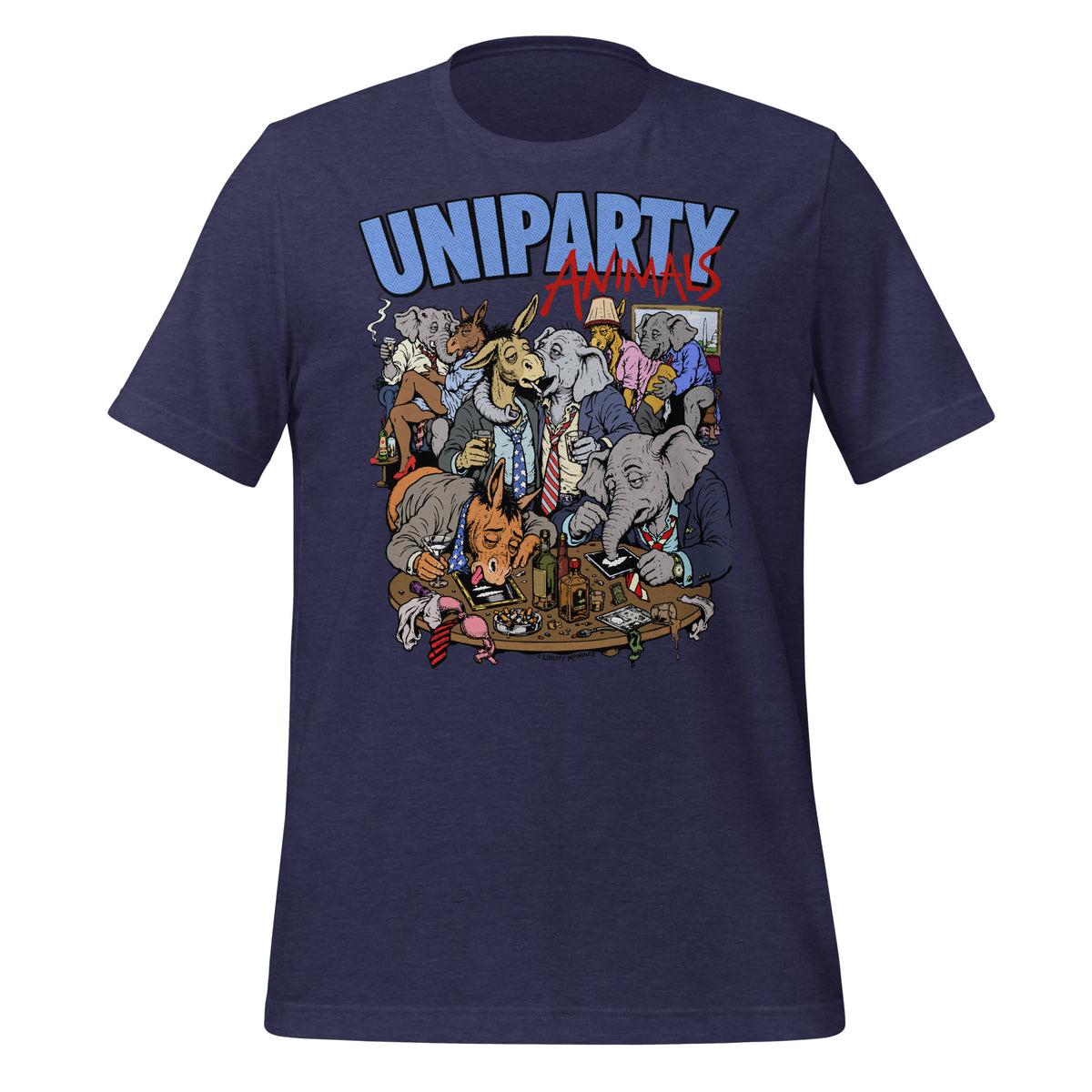 Uniparty Animals T-Shirt by Liberty Maniacs featuring cartoon donkey and elephant mascots in suits at a lively Washington gathering