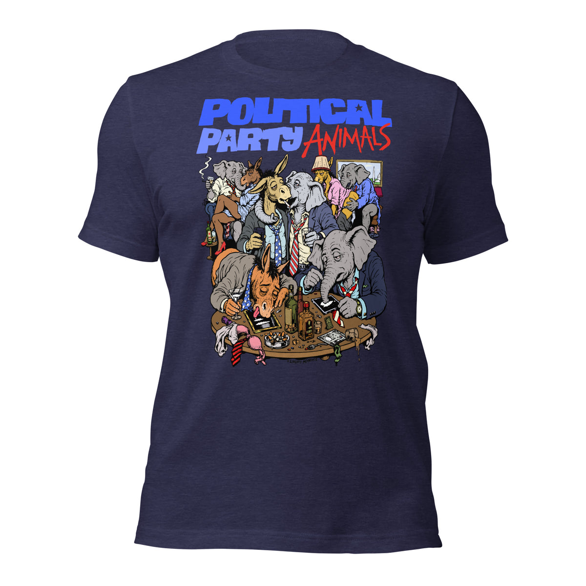 A navy blue short-sleeve t-shirt with a large graphic print on the front. The graphic features the text 'POLITICAL PARTY ANIMALS' in blue and red, above a detailed cartoon illustration of various animals dressed in suits.