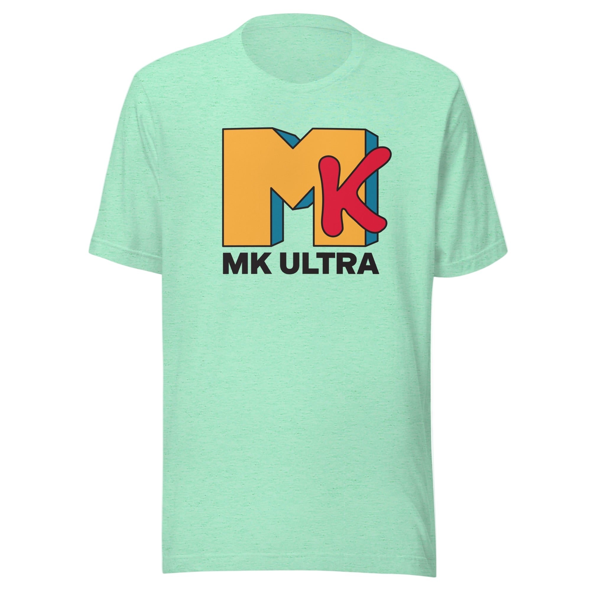 Mint green t-shirt with colorful 'MK Ultra' logo on a white background
