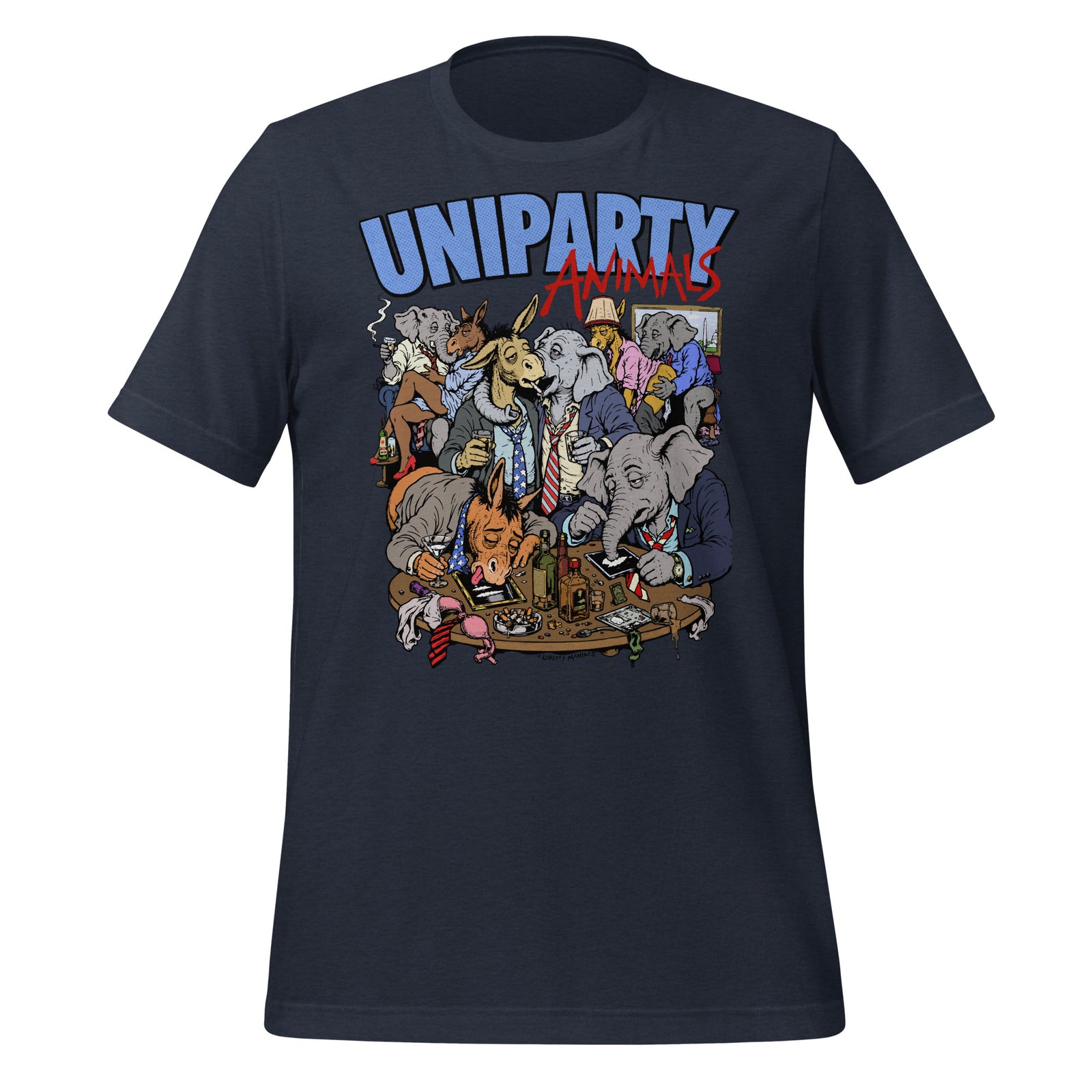 Uniparty Animals T-Shirt by Liberty Maniacs featuring cartoon donkey and elephant mascots in suits at a lively Washington gathering