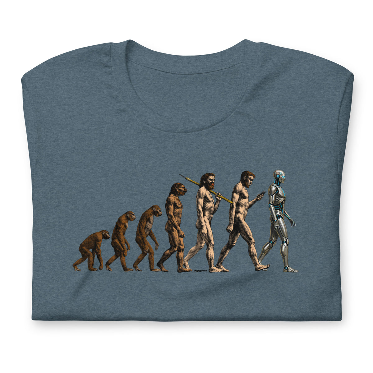Folded blue t-shirt with a graphic of human evolution from猿到机器人