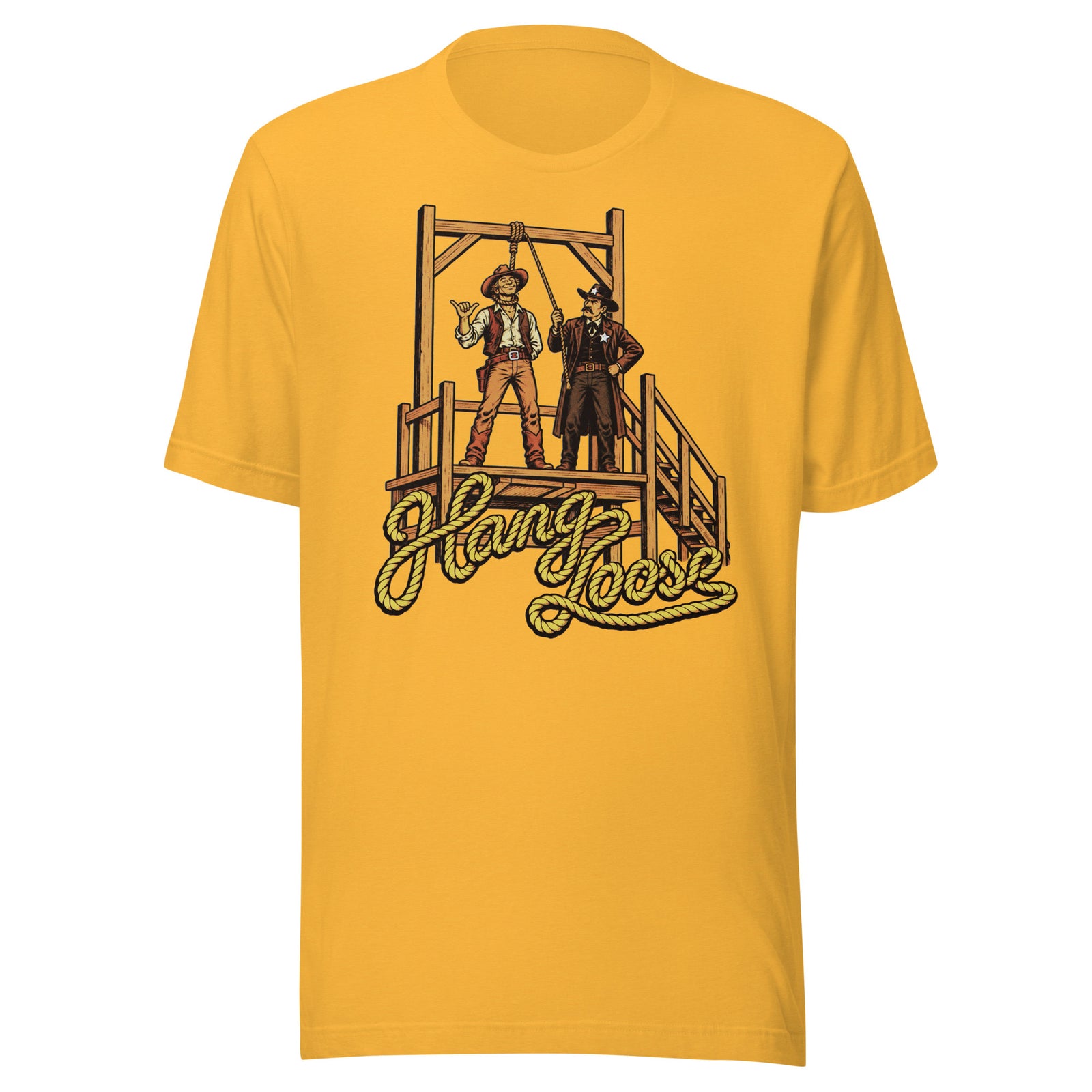 Hang Loose T-Shirt in heather yellow gold, front view with retro cowboy shaka sign and sheriff at Old West gallows