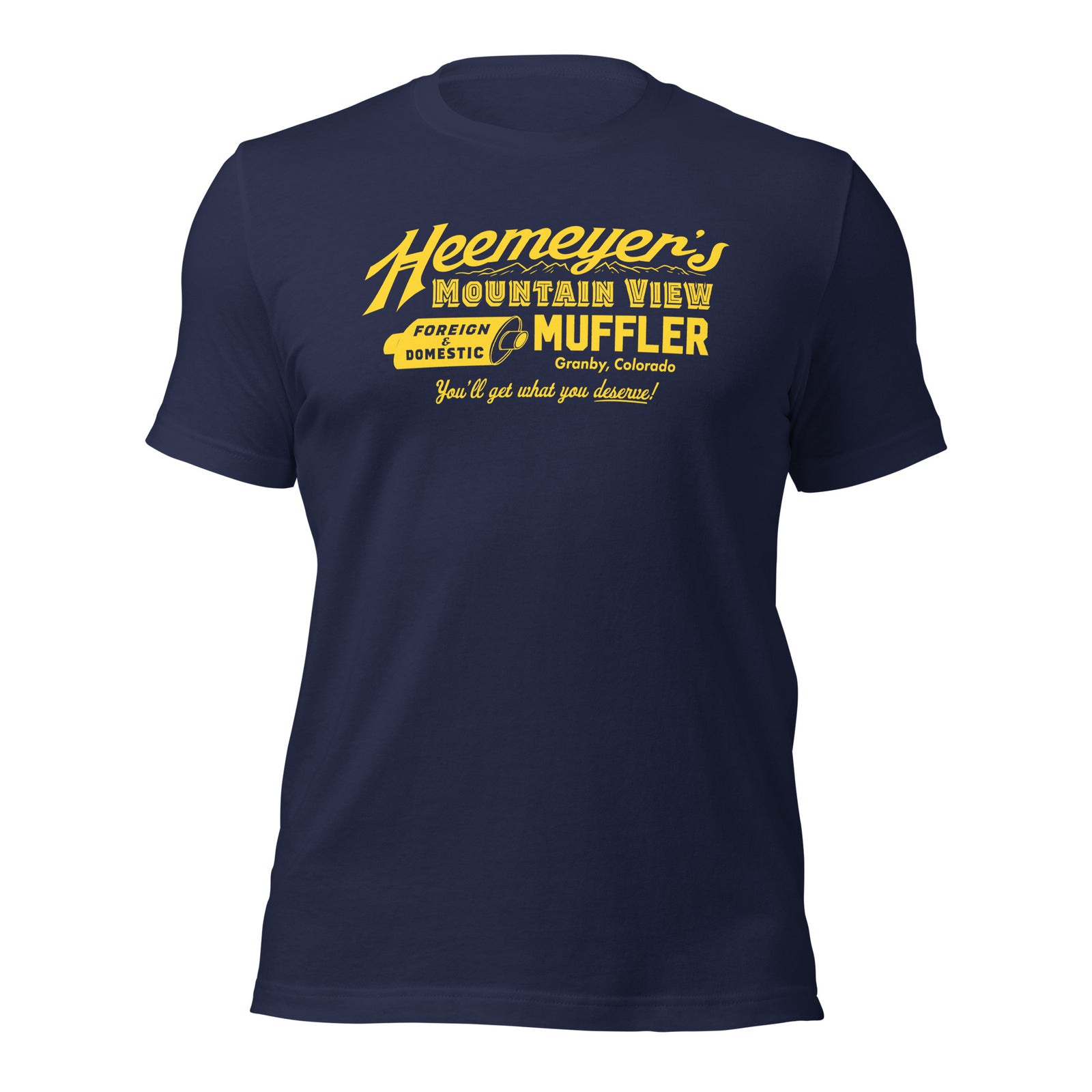 Navy blue T-shirt with 'Heemeyer's Mountain View Muffler' text in yellow.
