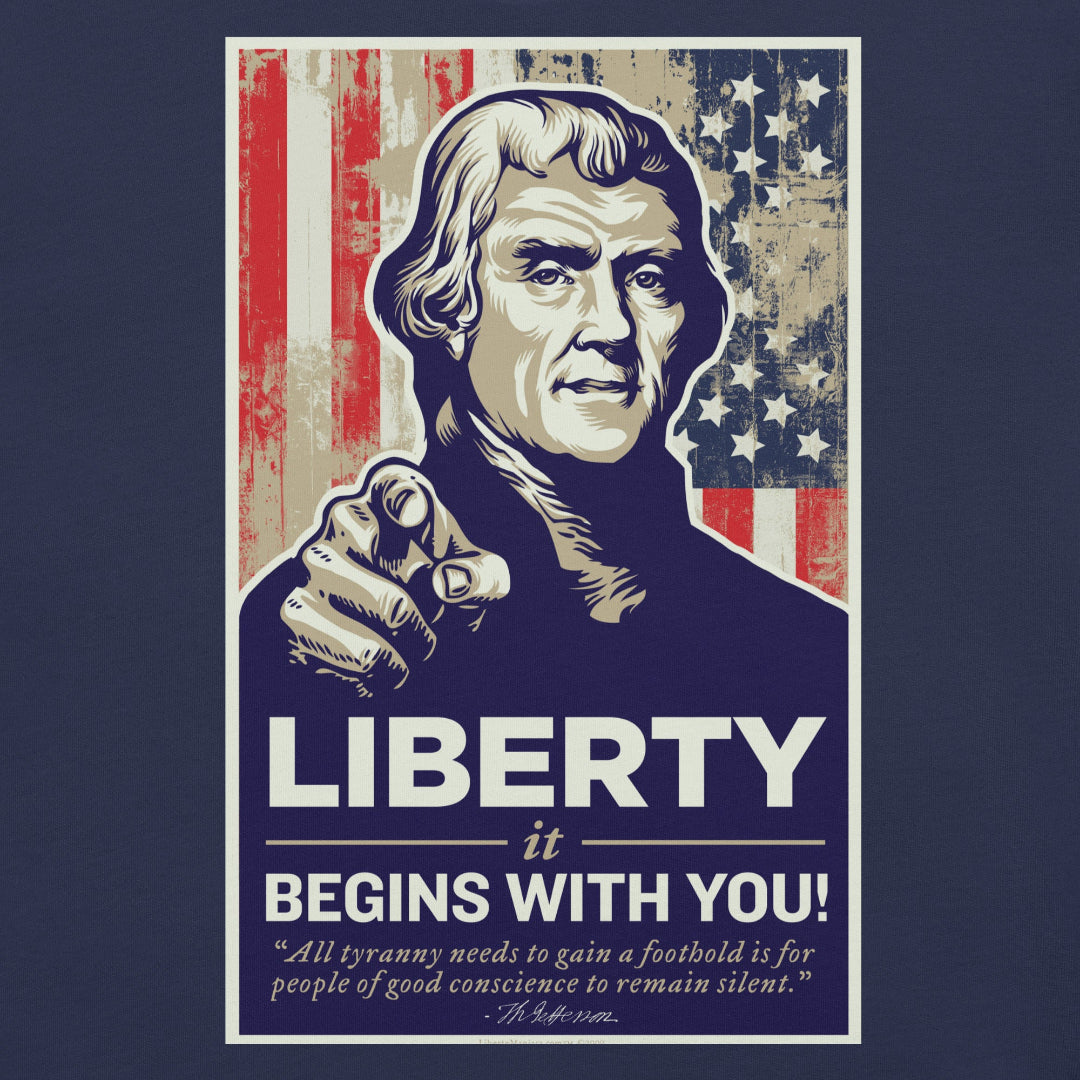 Person wearing a t-shirt with a graphic and text on a white background