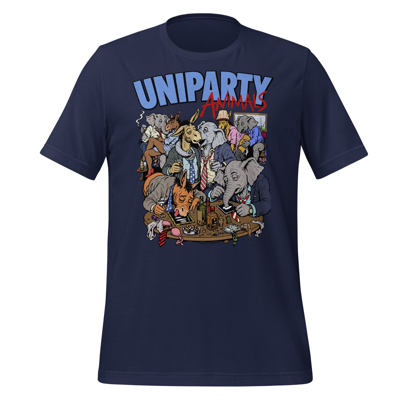 Uniparty Animals T-Shirt by Liberty Maniacs featuring cartoon donkey and elephant mascots in suits at a lively Washington gathering