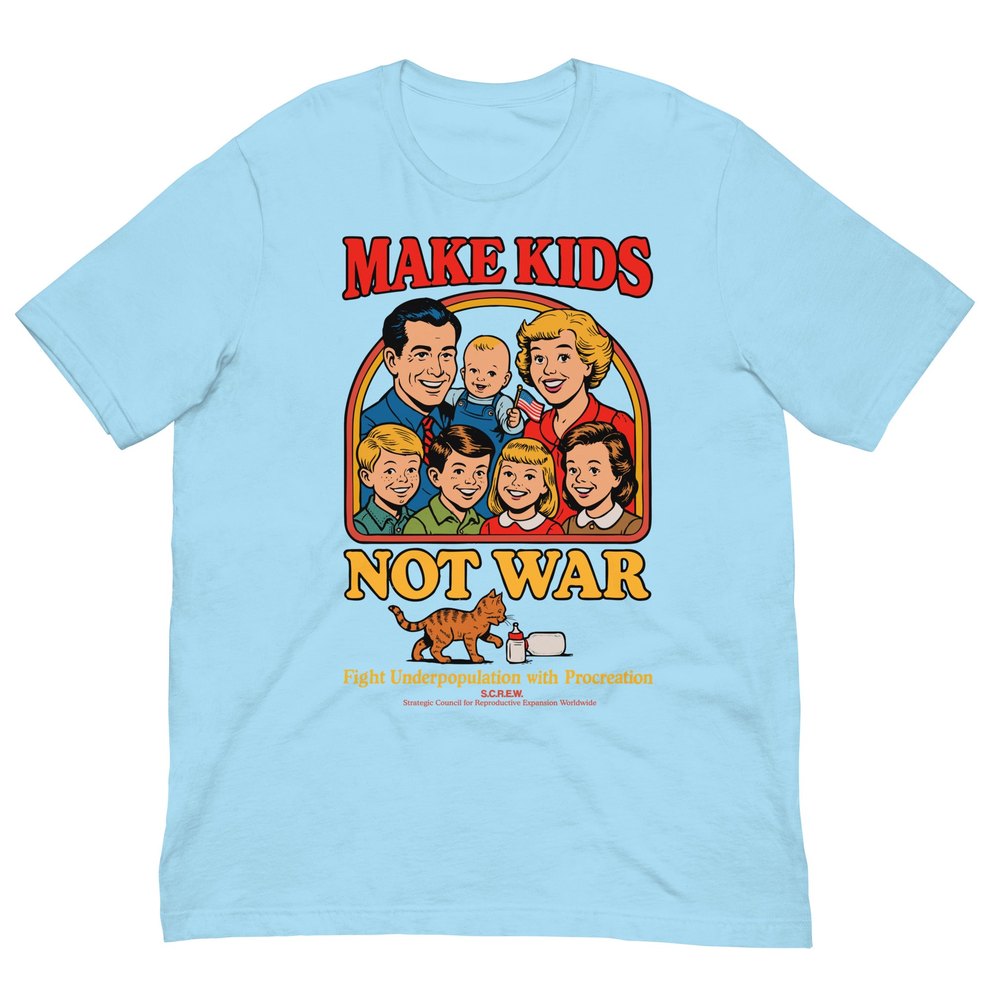 Make Kids Not War Liberty Maniacs shirt design close up. Features an American family in a family picture. Below under a cat and baby bottle is the text "Fight Underpopulation with Procreation"