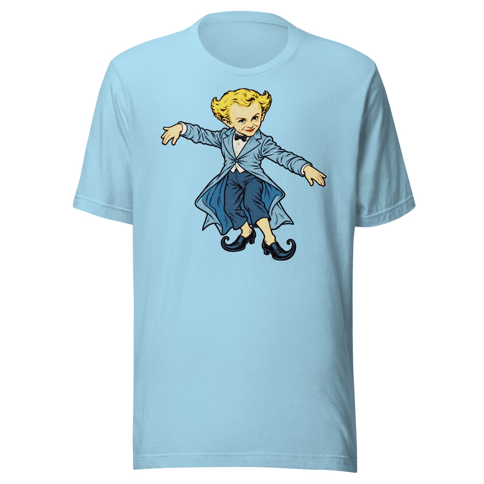 Ocean Blue Rumpelstiltskin Tip Toe T-shirt with a blond character in a blue tailcoat and curled black shoes.