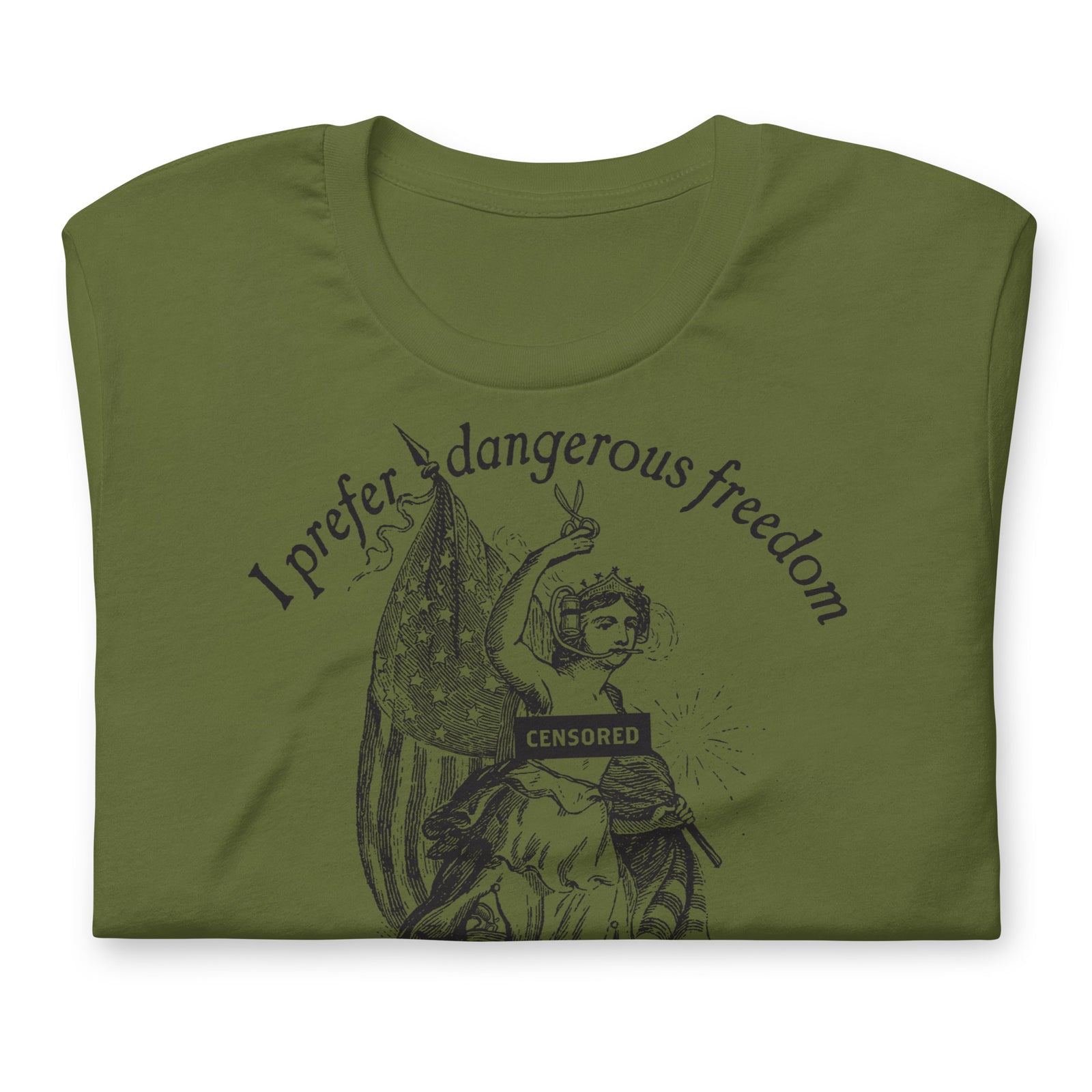 A olive-green t-shirt laying flat with a graphic print of a person and the text 'I prefer dangerous freedom over peaceful slavery - Thomas Jefferson' by Liberty Maniacs
