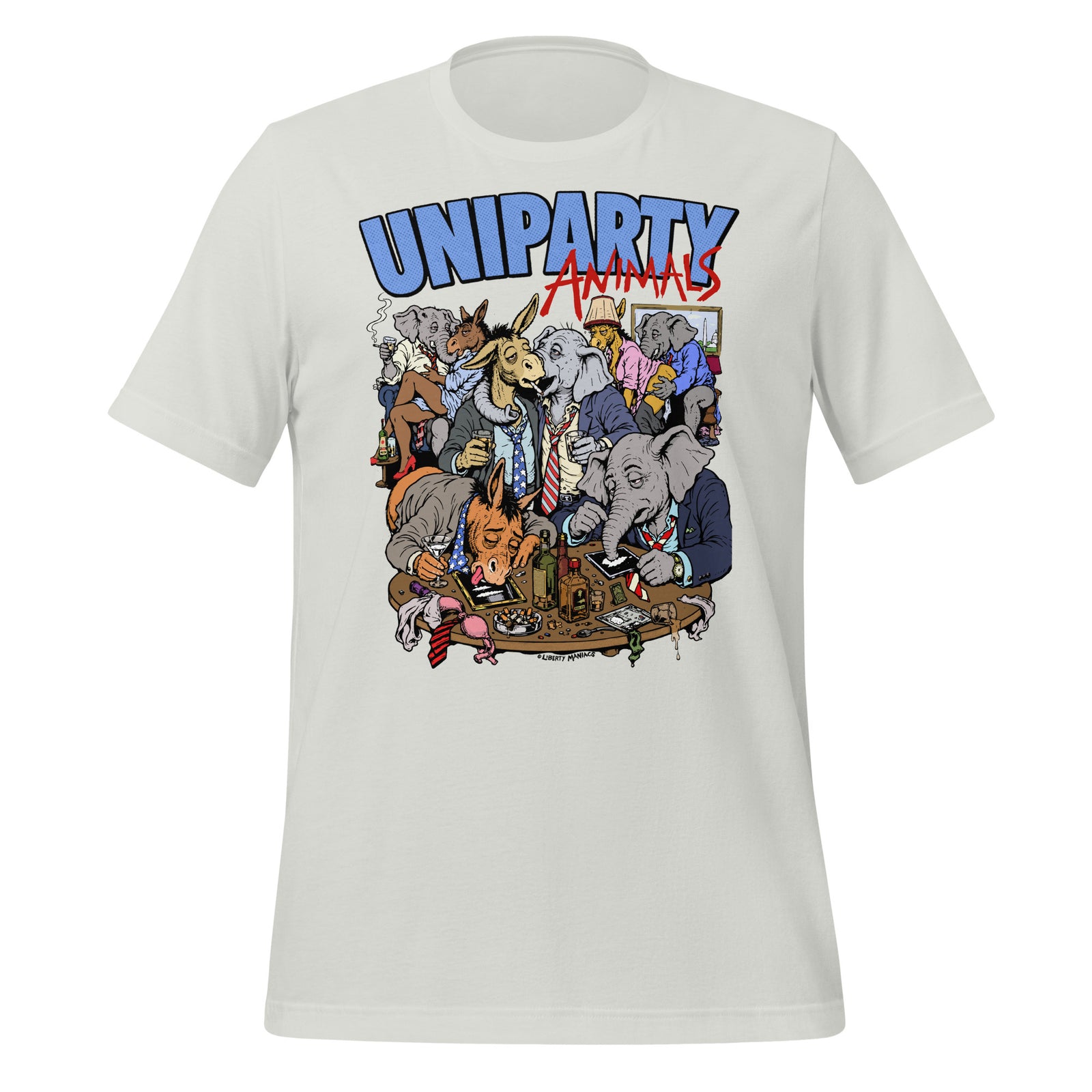 Uniparty Animals T-Shirt by Liberty Maniacs featuring cartoon donkey and elephant mascots in suits at a lively Washington gathering