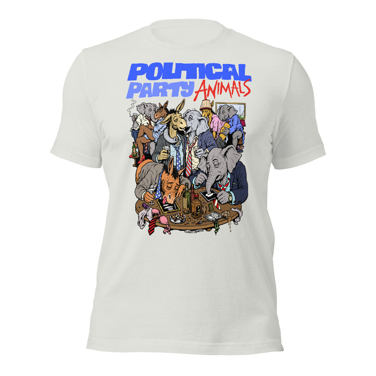 A white short-sleeve t-shirt with a graphic print on the front. The graphic features the text 'POLITICAL PARTY ANIMALS' in blue and red, above a detailed cartoon illustration of various animals dressed in political party suits, including an elephant, donkey, fox, and rabbit.