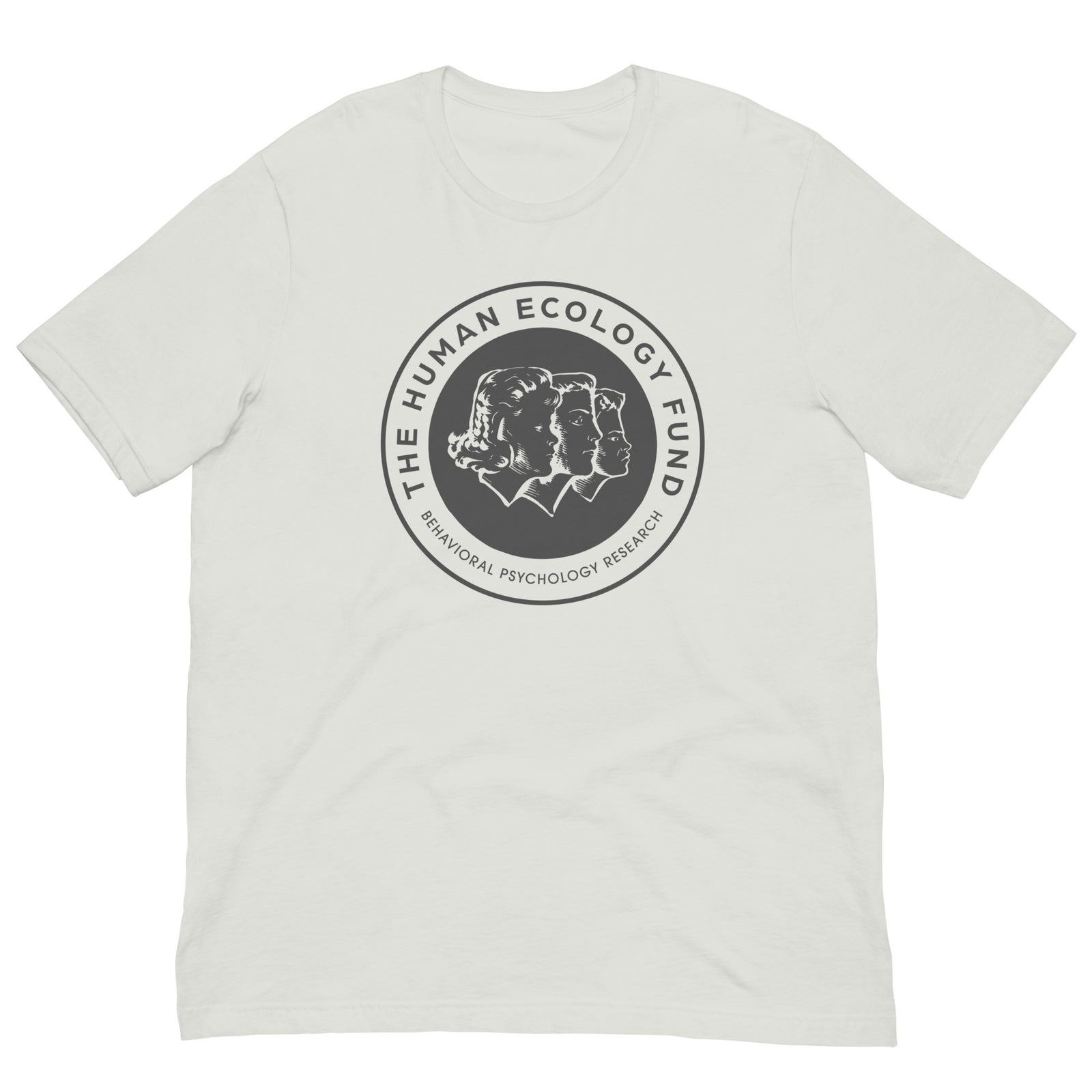 Front view of silver Human Ecology Fund T-shirt with vintage three-profile emblem