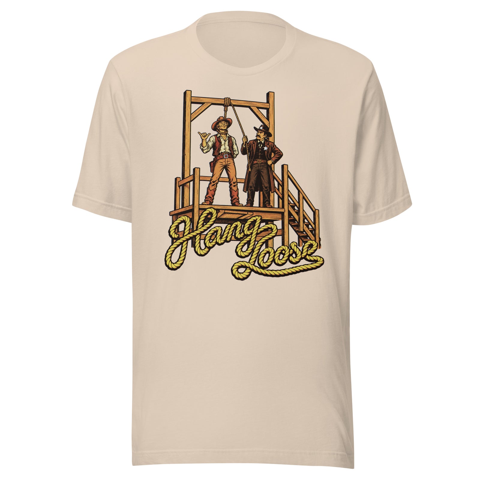 Hang Loose T-Shirt in soft cream, front view with retro cowboy shaka sign and sheriff at Old West gallows