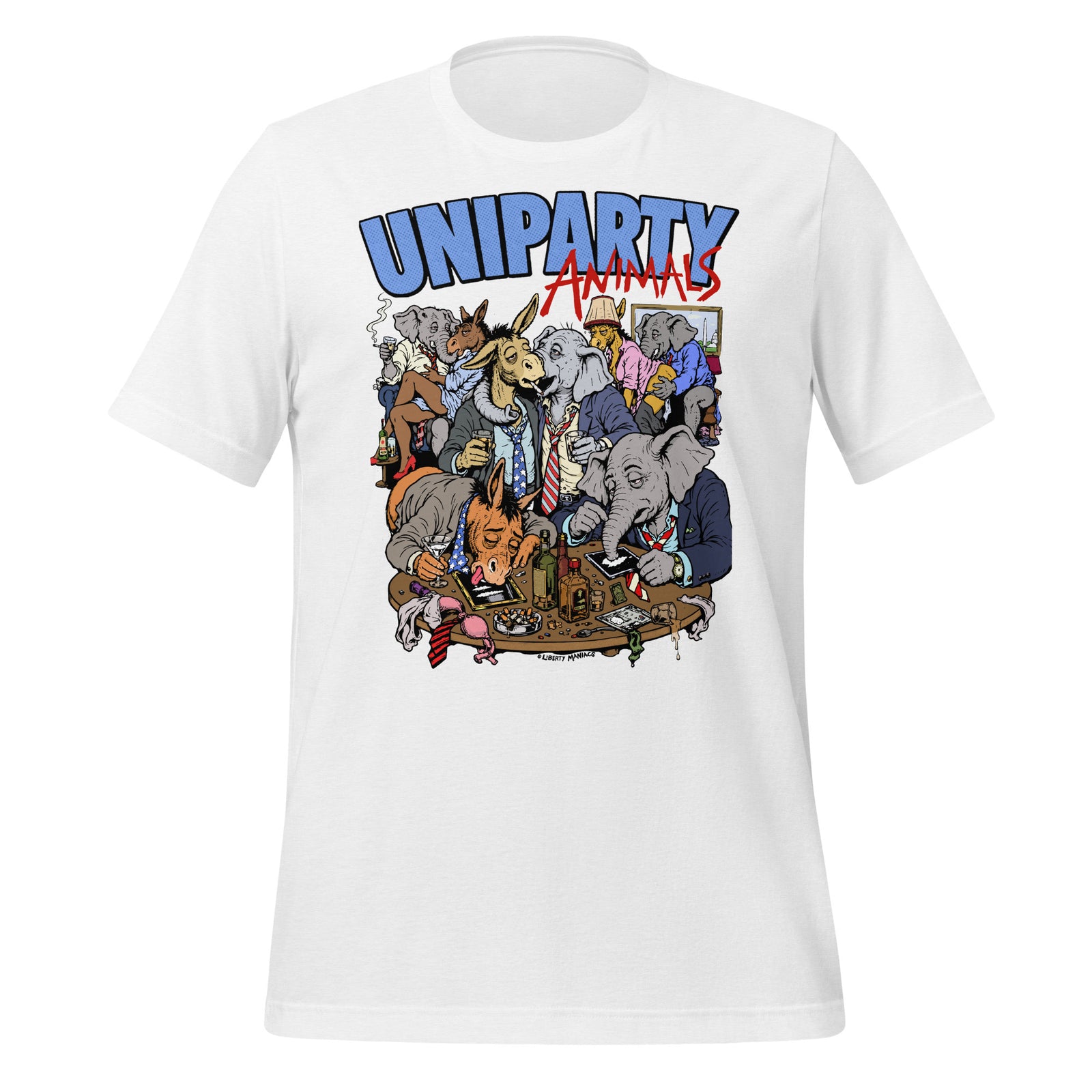Uniparty Animals T-Shirt by Liberty Maniacs featuring cartoon donkey and elephant mascots in suits at a lively Washington gathering