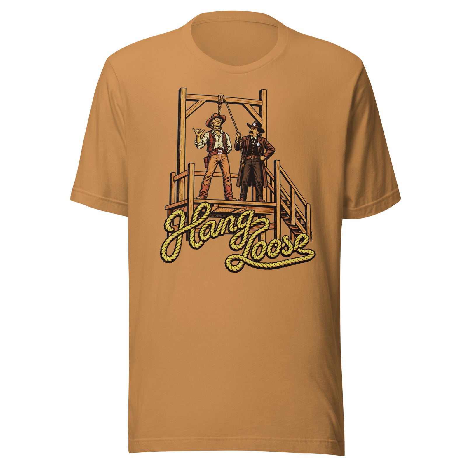 Hang Loose T-Shirt in toast, front view with retro cowboy shaka sign and sheriff at Old West gallows